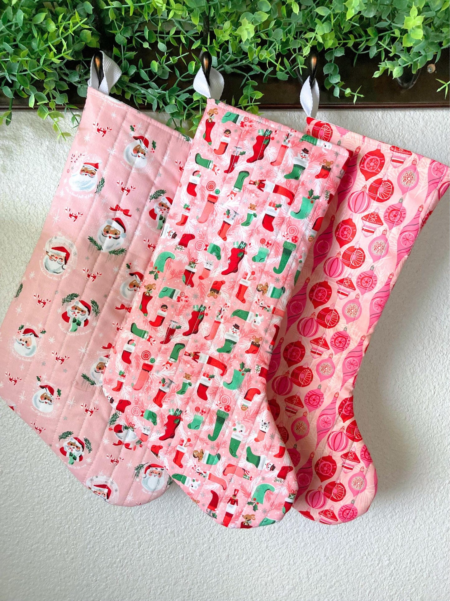 Pastel Pink Christmas Stocking | Cotton Quilted Soft | Pinkmas Kitchmas Wonderland | Ornaments Critters Santa | Handmade Cotton Santa Sack