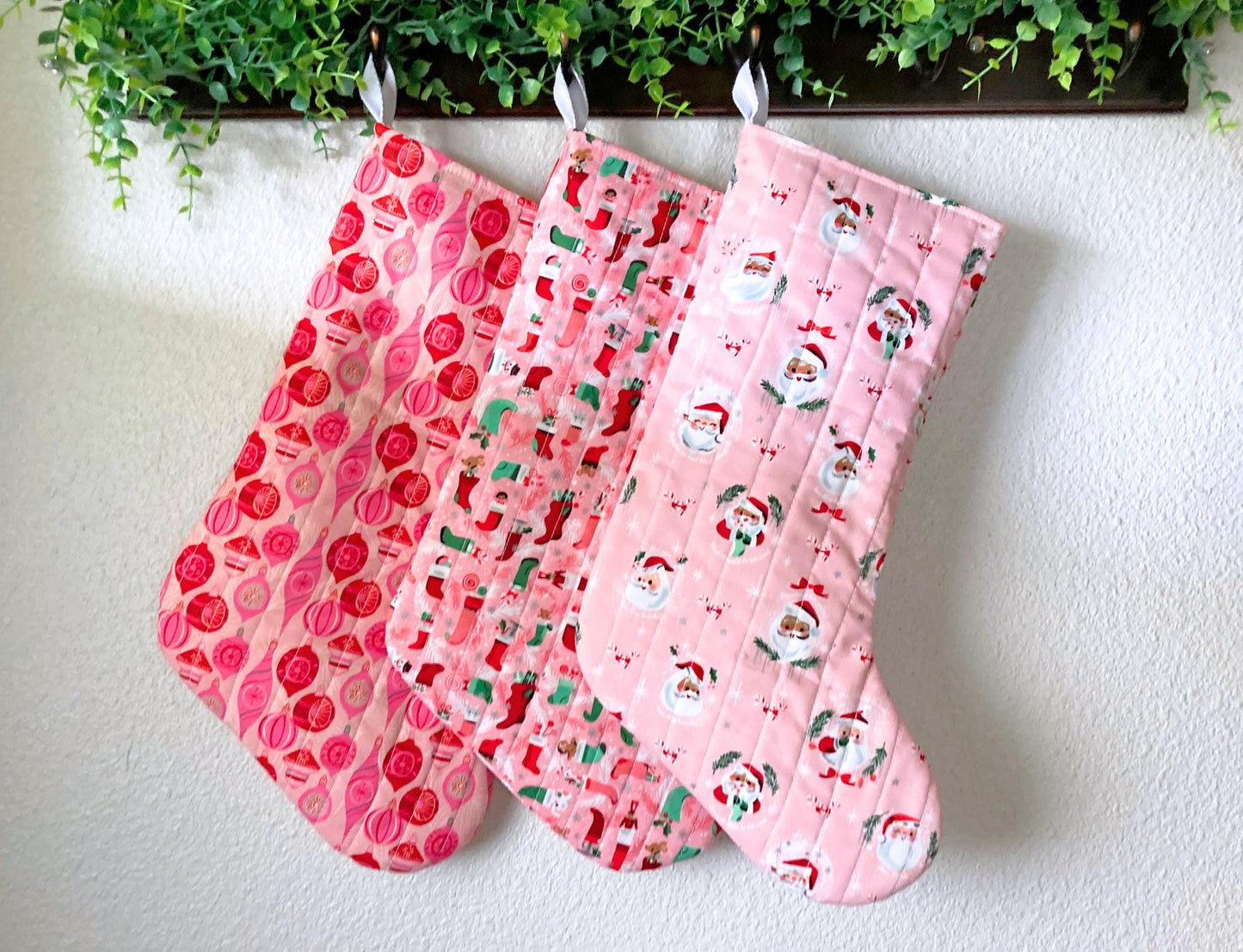 Pastel Pink Christmas Stocking | Cotton Quilted Soft | Pinkmas Kitchmas Wonderland | Ornaments Critters Santa | Handmade Cotton Santa Sack