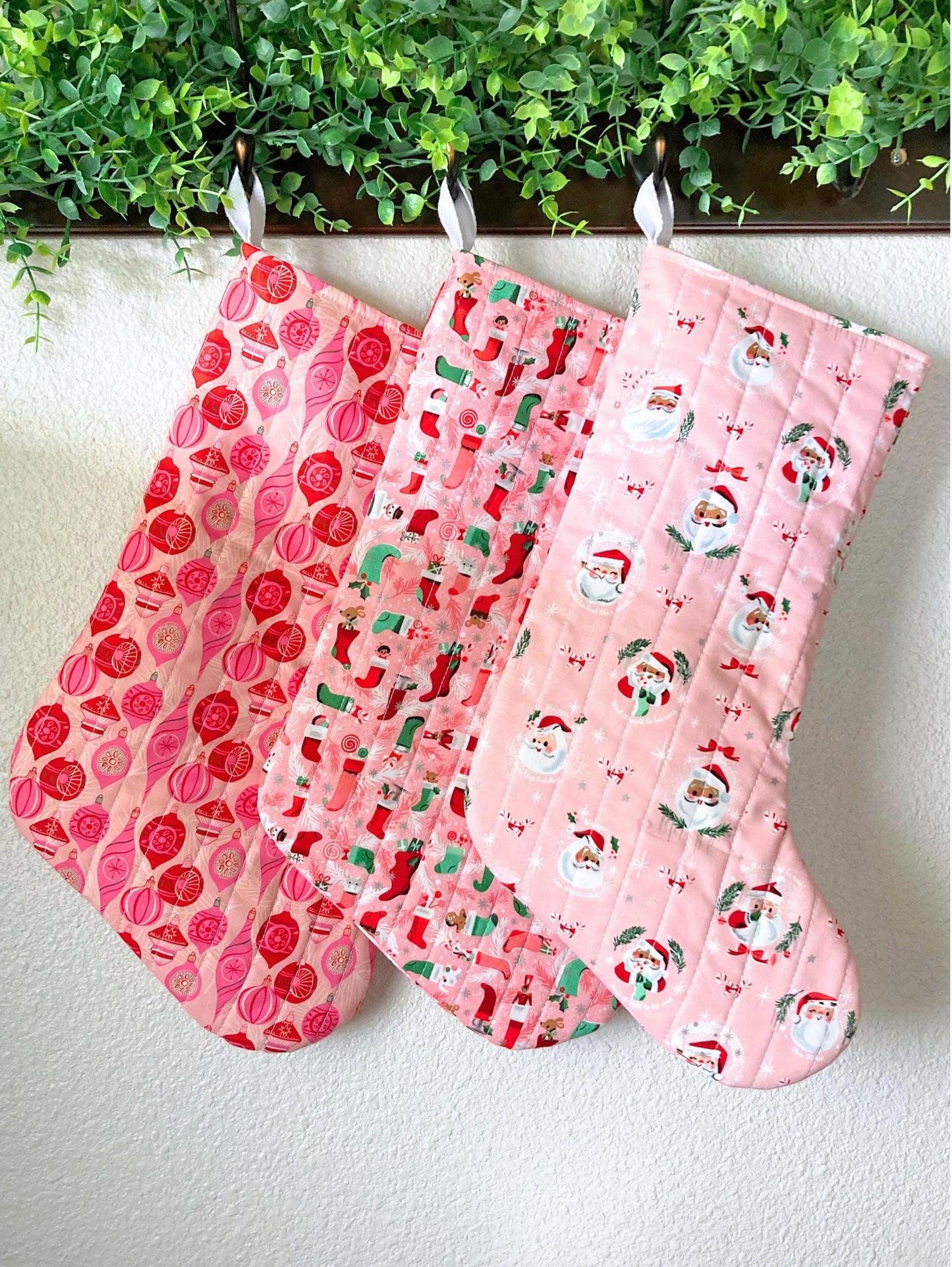 Pastel Pink Christmas Stocking | Cotton Quilted Soft | Pinkmas Kitchmas Wonderland | Ornaments Critters Santa | Handmade Cotton Santa Sack