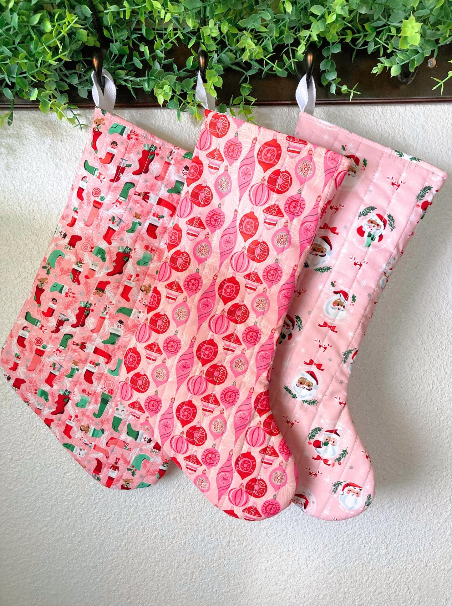 Pastel Pink Christmas Stocking | Cotton Quilted Soft | Pinkmas Kitchmas Wonderland | Ornaments Critters Santa | Handmade Cotton Santa Sack