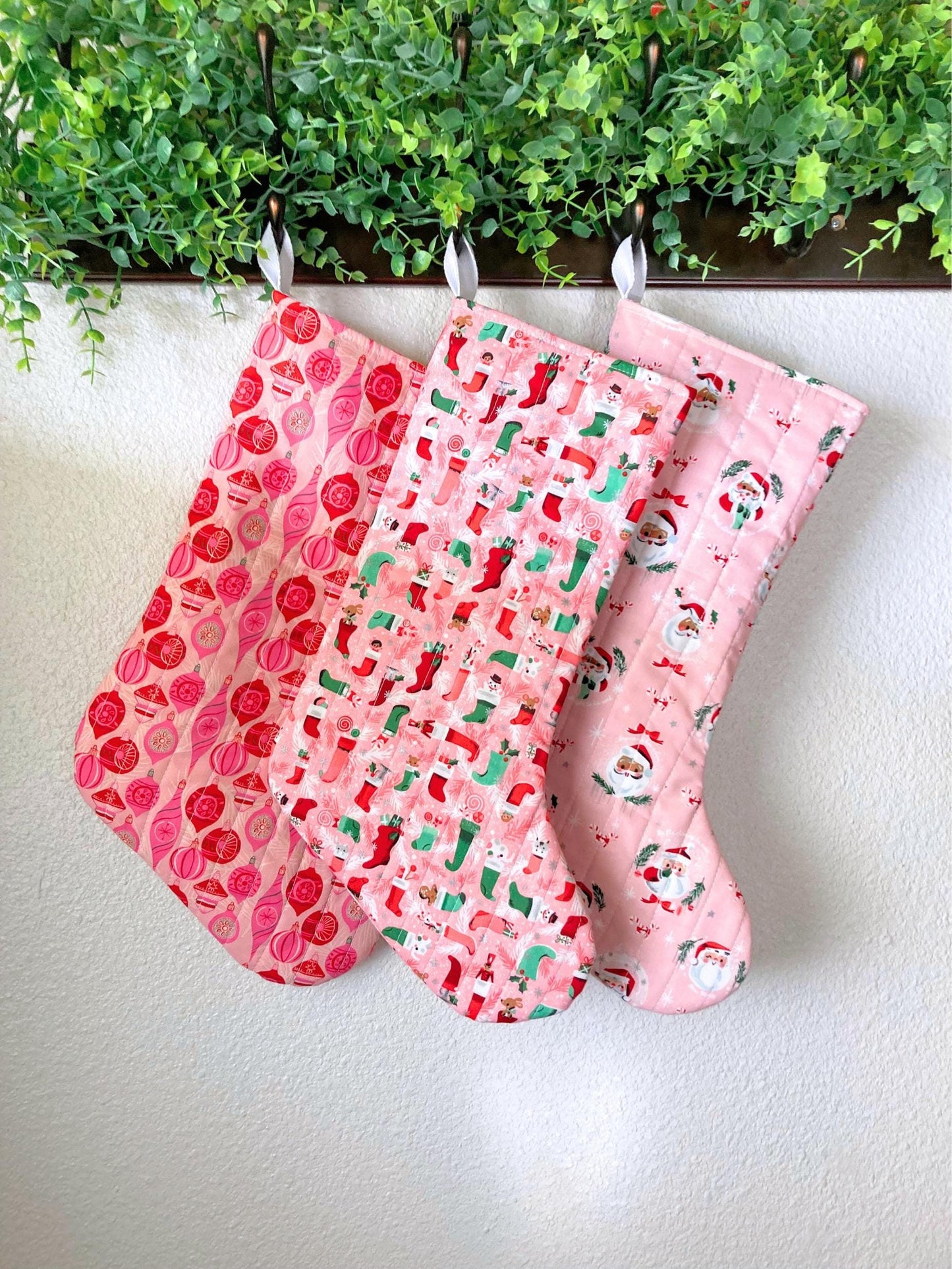 Pastel Pink Christmas Stocking | Cotton Quilted Soft | Pinkmas Kitchmas Wonderland | Ornaments Critters Santa | Handmade Cotton Santa Sack