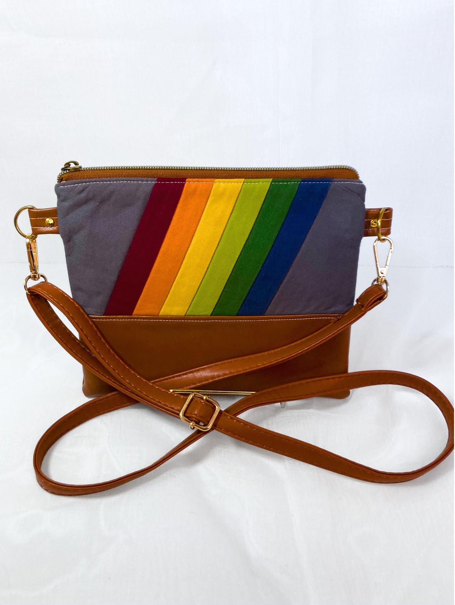 Retro Rainbow Crossbody Purse | Brown Vegan Leather