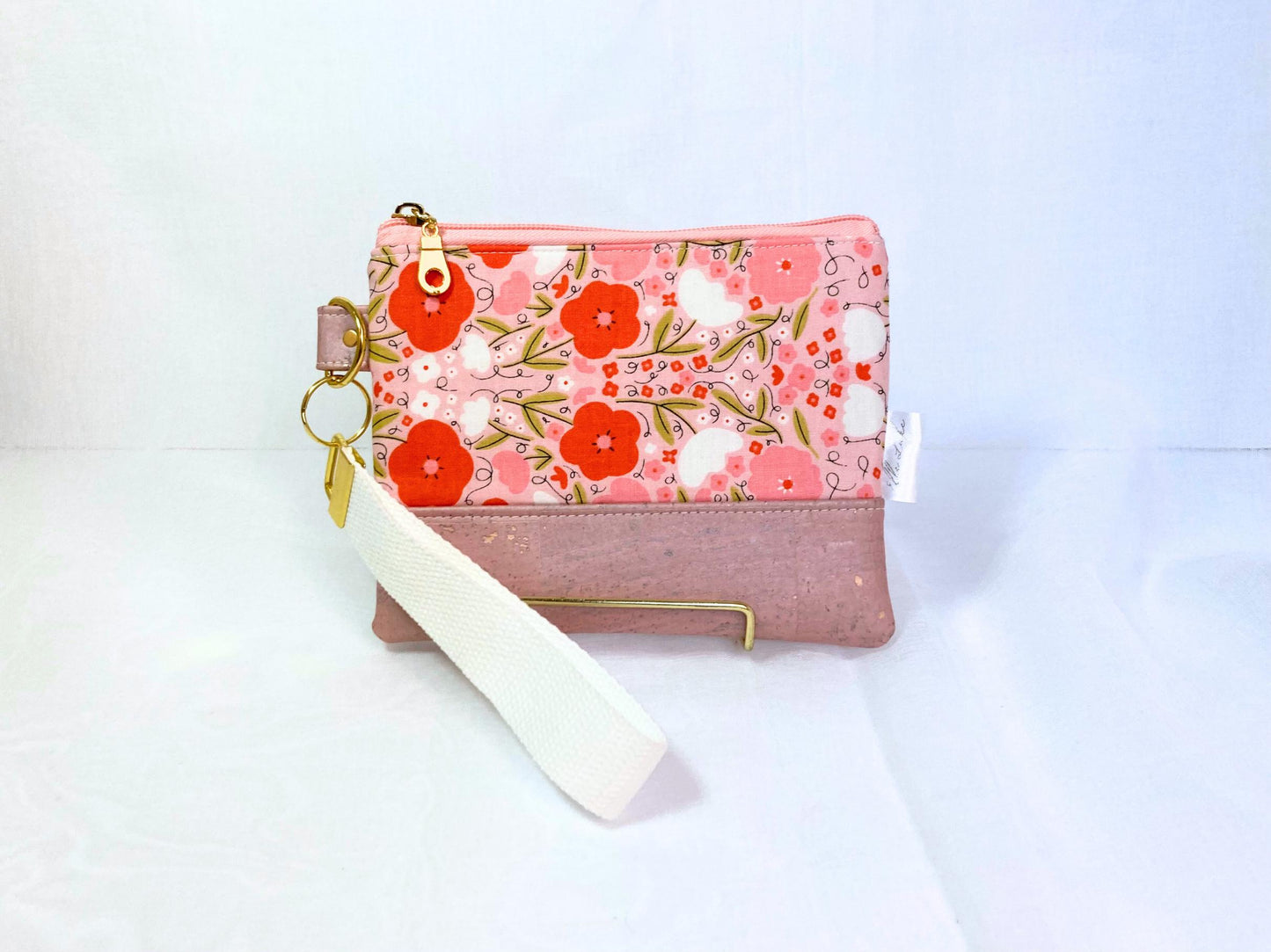 Pink Floral Wristlet Purse | Pink Shimmer Cork Fabric | Grab n Go Clutch Bag