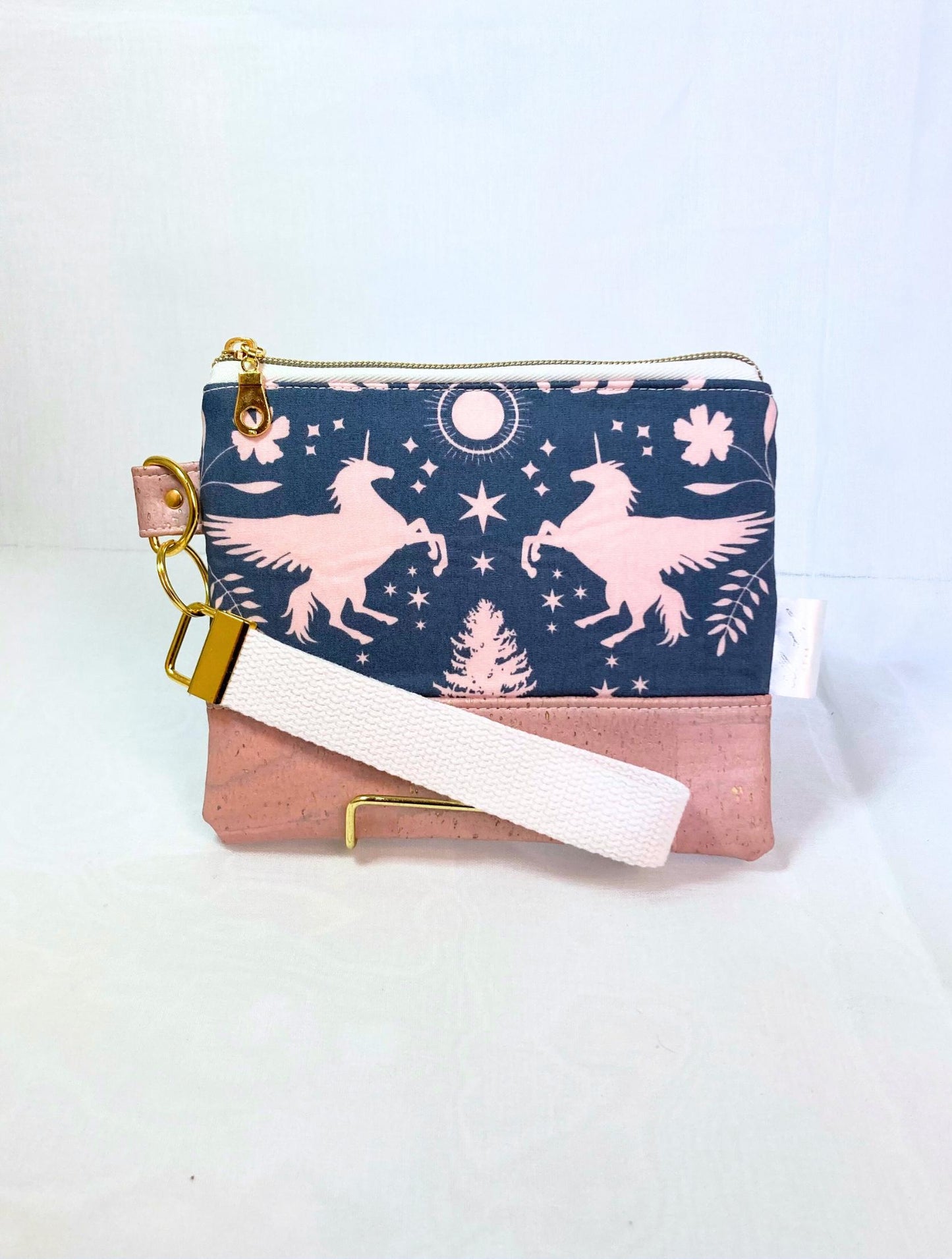 Pink Winged Unicorn Floral Wristlet Purse | Pink Shimmer Cork | Grab n Go Clutch Bag
