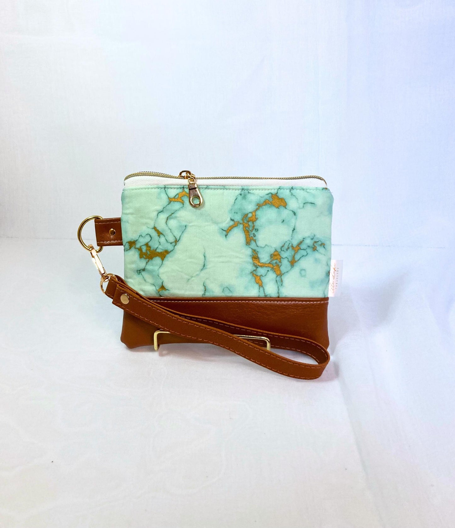 Green Gold Marbled Wristlet Purse | Brown Vegan Leather | Grab n Go Clutch Bag