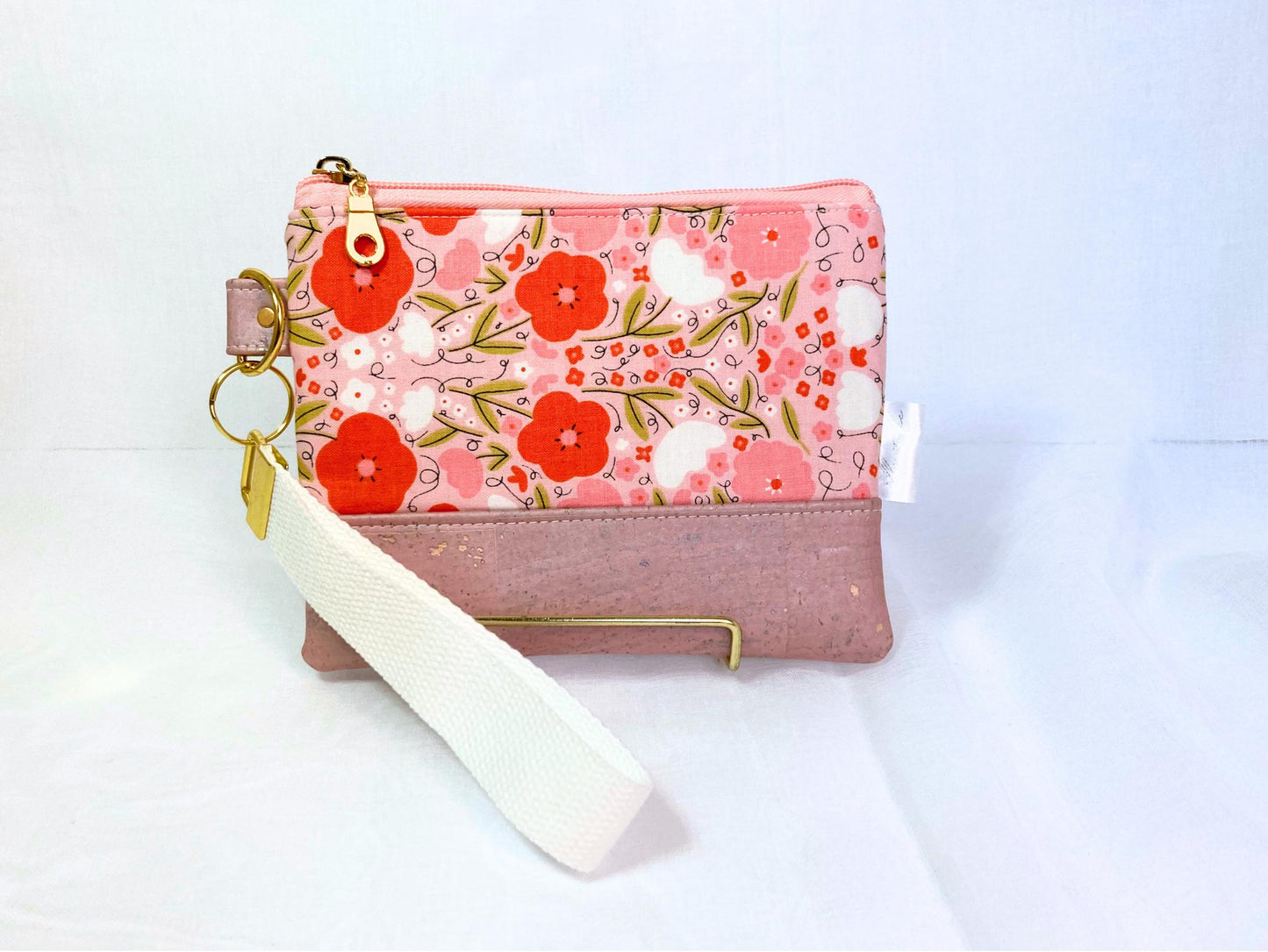 Pink Floral Wristlet Purse | Pink Shimmer Cork Fabric | Grab n Go Clutch Bag
