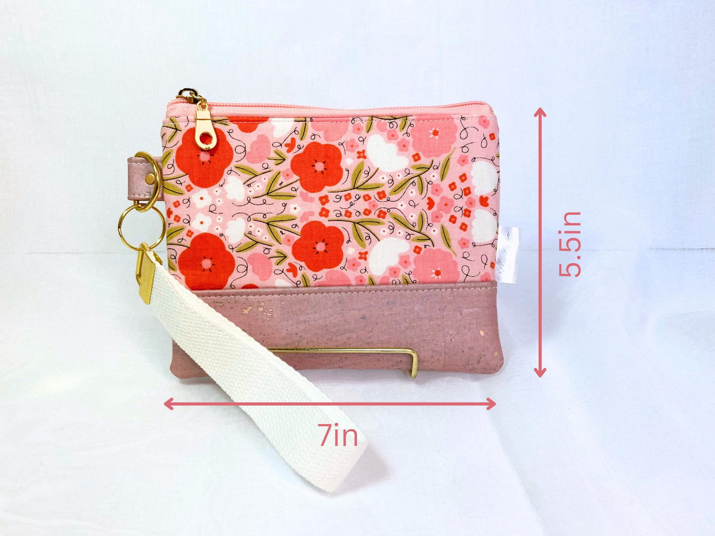 Pink Floral Wristlet Purse | Pink Shimmer Cork Fabric | Grab n Go Clutch Bag