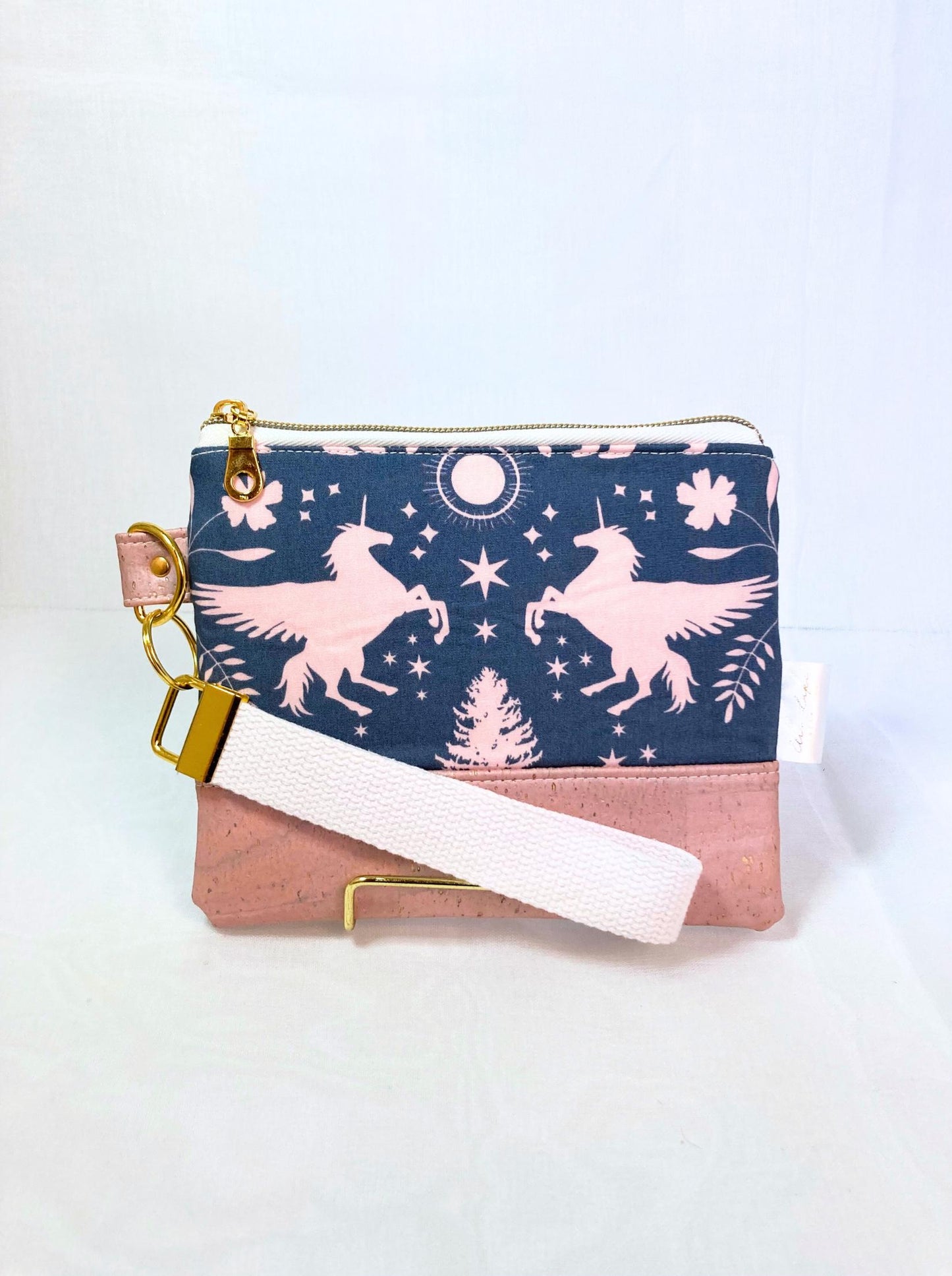 Pink Winged Unicorn Floral Wristlet Purse | Pink Shimmer Cork | Grab n Go Clutch Bag