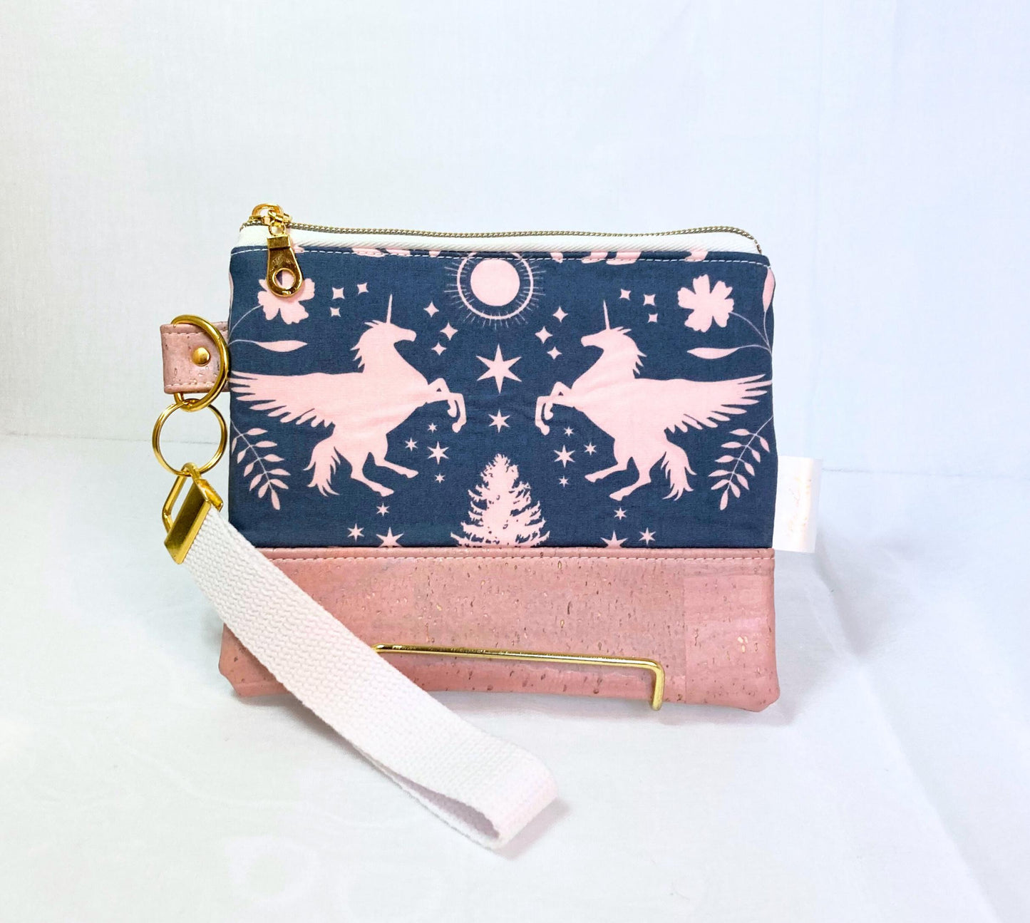 Pink Winged Unicorn Floral Wristlet Purse | Pink Shimmer Cork | Grab n Go Clutch Bag