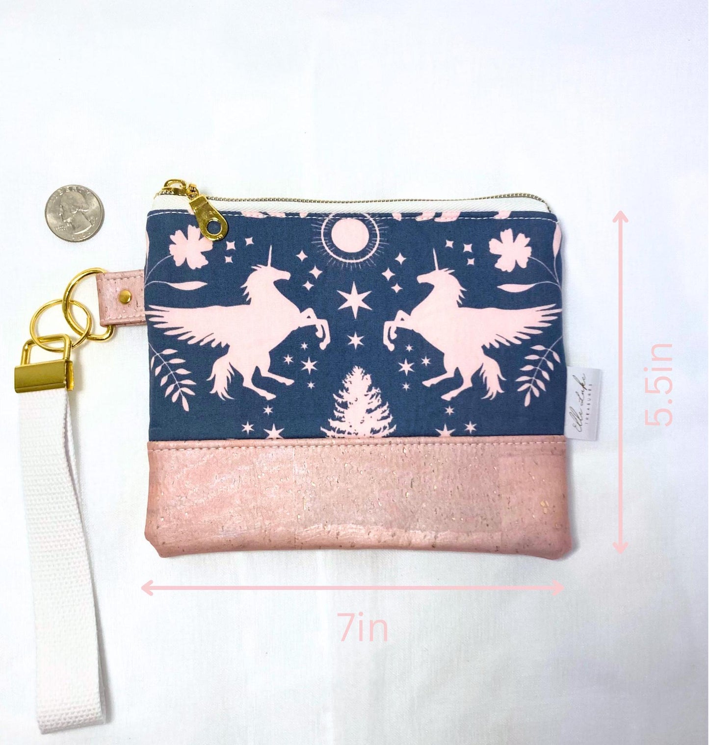 Pink Winged Unicorn Floral Wristlet Purse | Pink Shimmer Cork | Grab n Go Clutch Bag