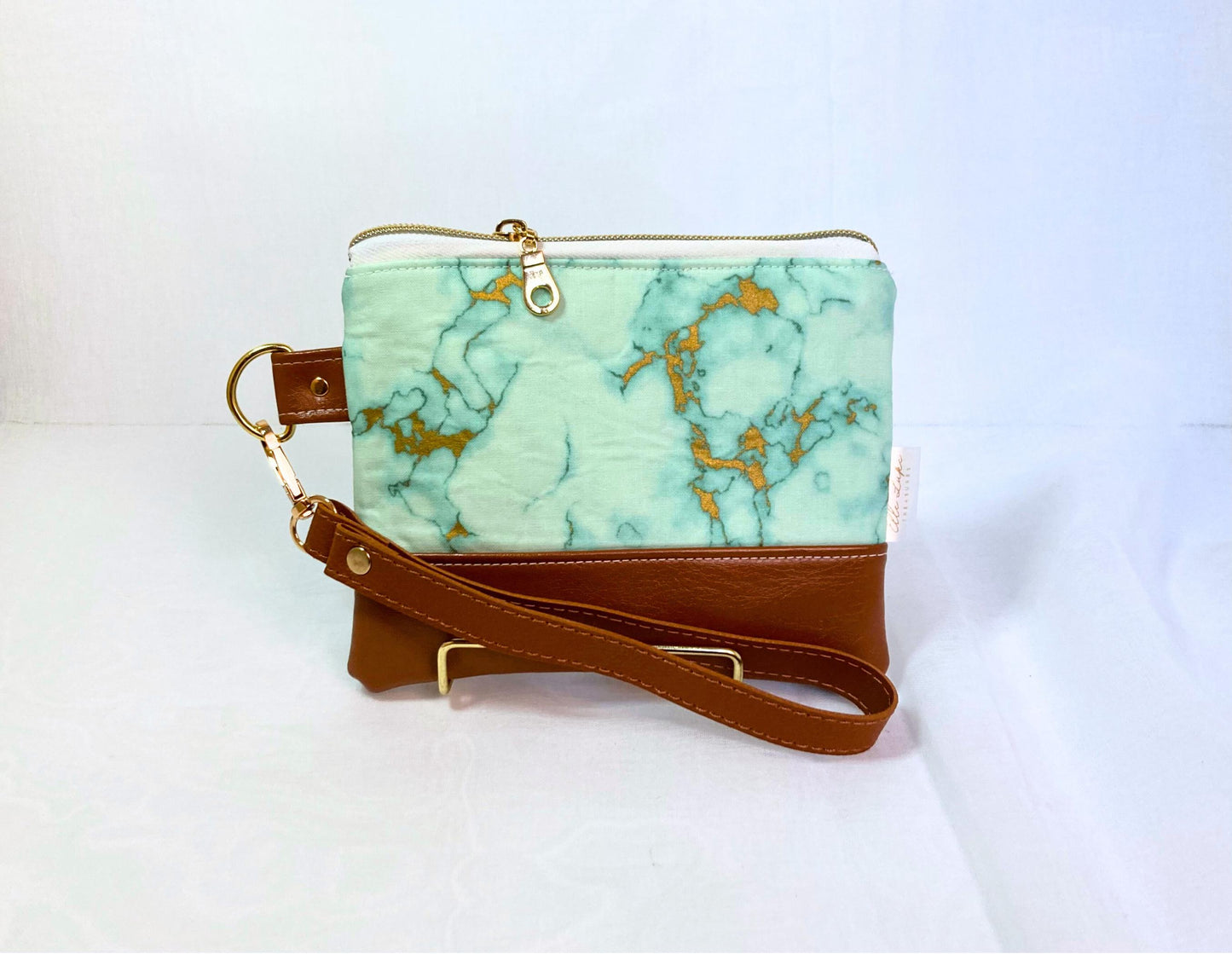 Green Gold Marbled Wristlet Purse | Brown Vegan Leather | Grab n Go Clutch Bag