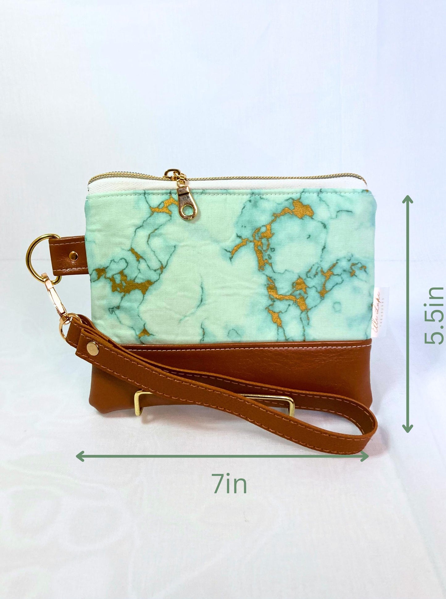 Green Gold Marbled Wristlet Purse | Brown Vegan Leather | Grab n Go Clutch Bag