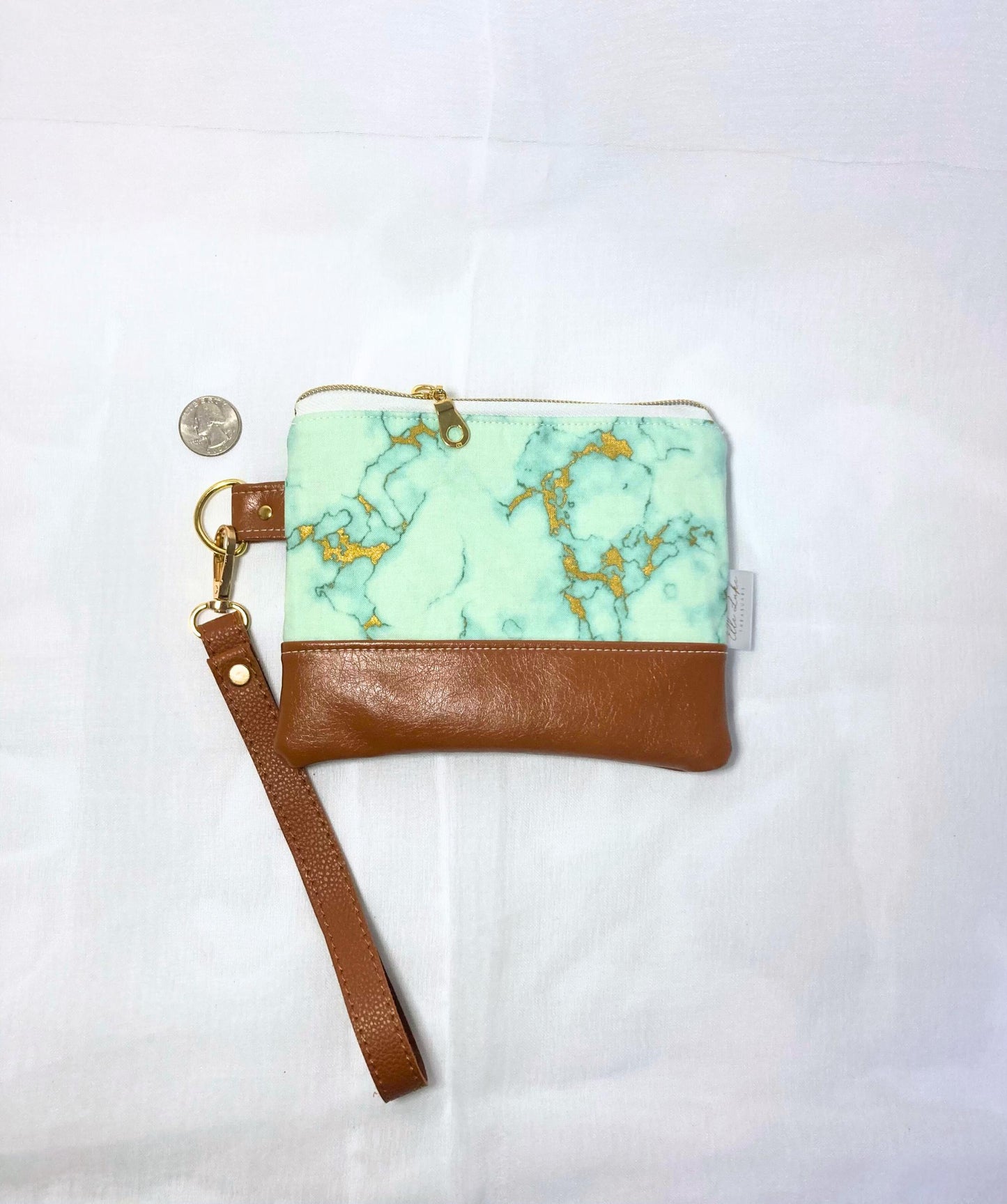 Green Gold Marbled Wristlet Purse | Brown Vegan Leather | Grab n Go Clutch Bag