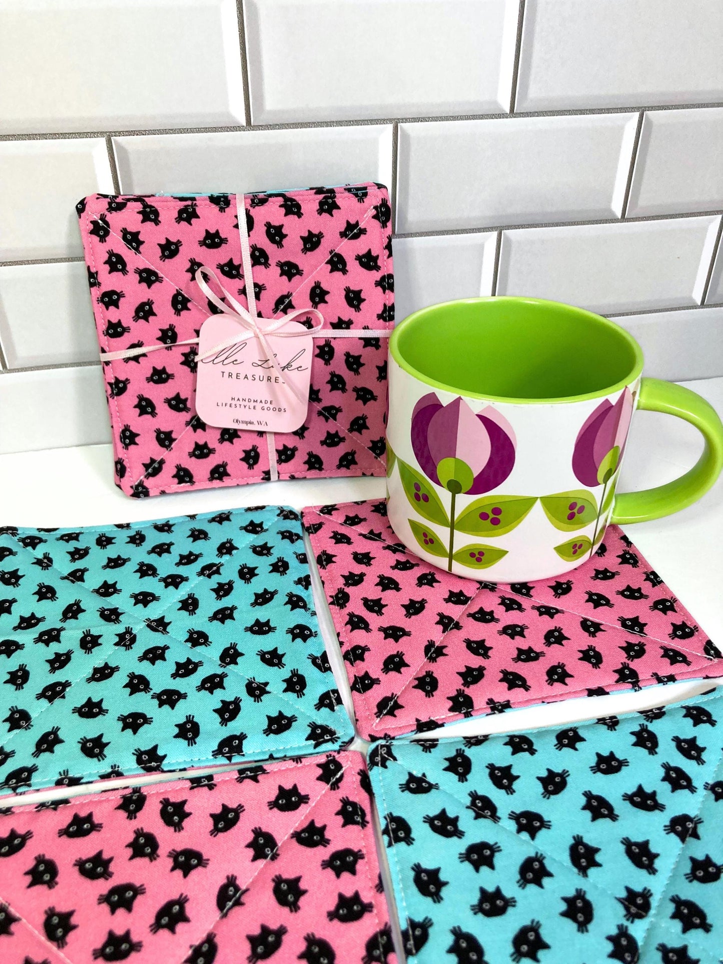 Kitty Cat Fabric Coasters | Set of 4 | Cutesy Sustainable Cotton Home Decor | Tea Coffee Gift Doublesided