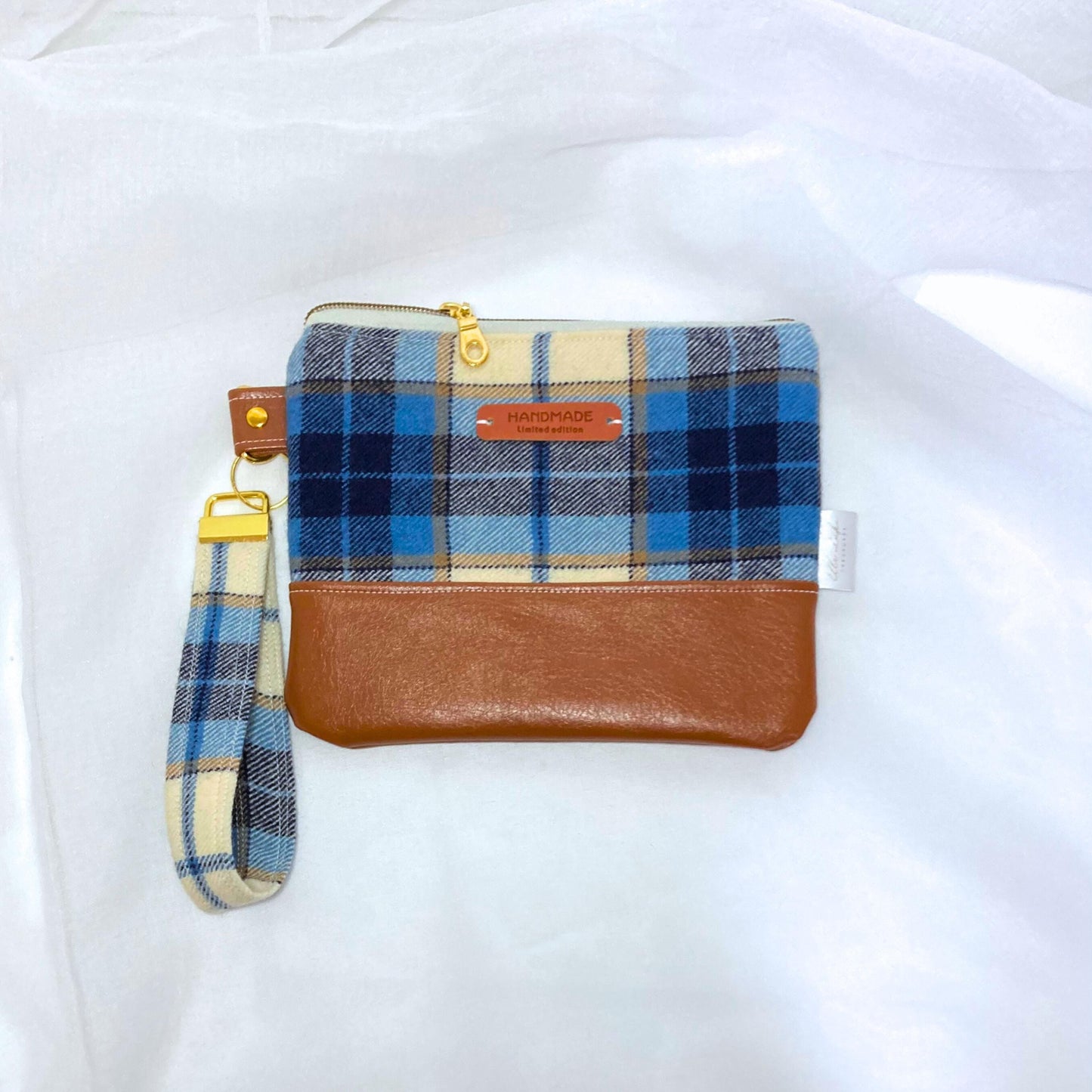 Plaid Wool Wristlet Purse | Tweed Woven | Blue Camel Brown Vegan Leather Vinyl Wristlet | Grab n Go Clutch Bag