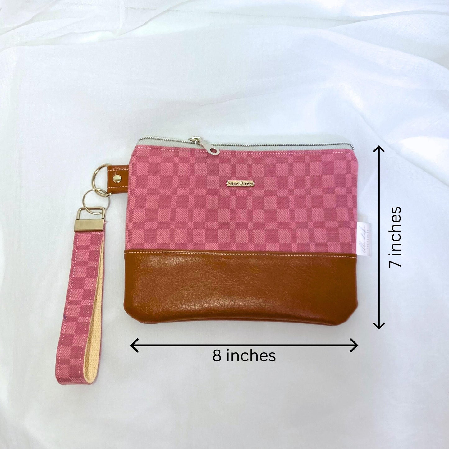 Woven Jacquard Cotton Wristlet Purse | Textured Textile | Pink Camel Vegan Leather Vinyl Wristlet | Grab n Go Clutch Bag