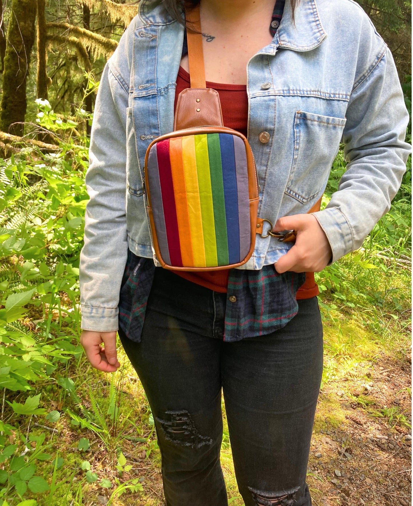 Retro Rainbow Sling Backpack | Camel Brown Faux Leather | Adjustable Strap Bag Purse