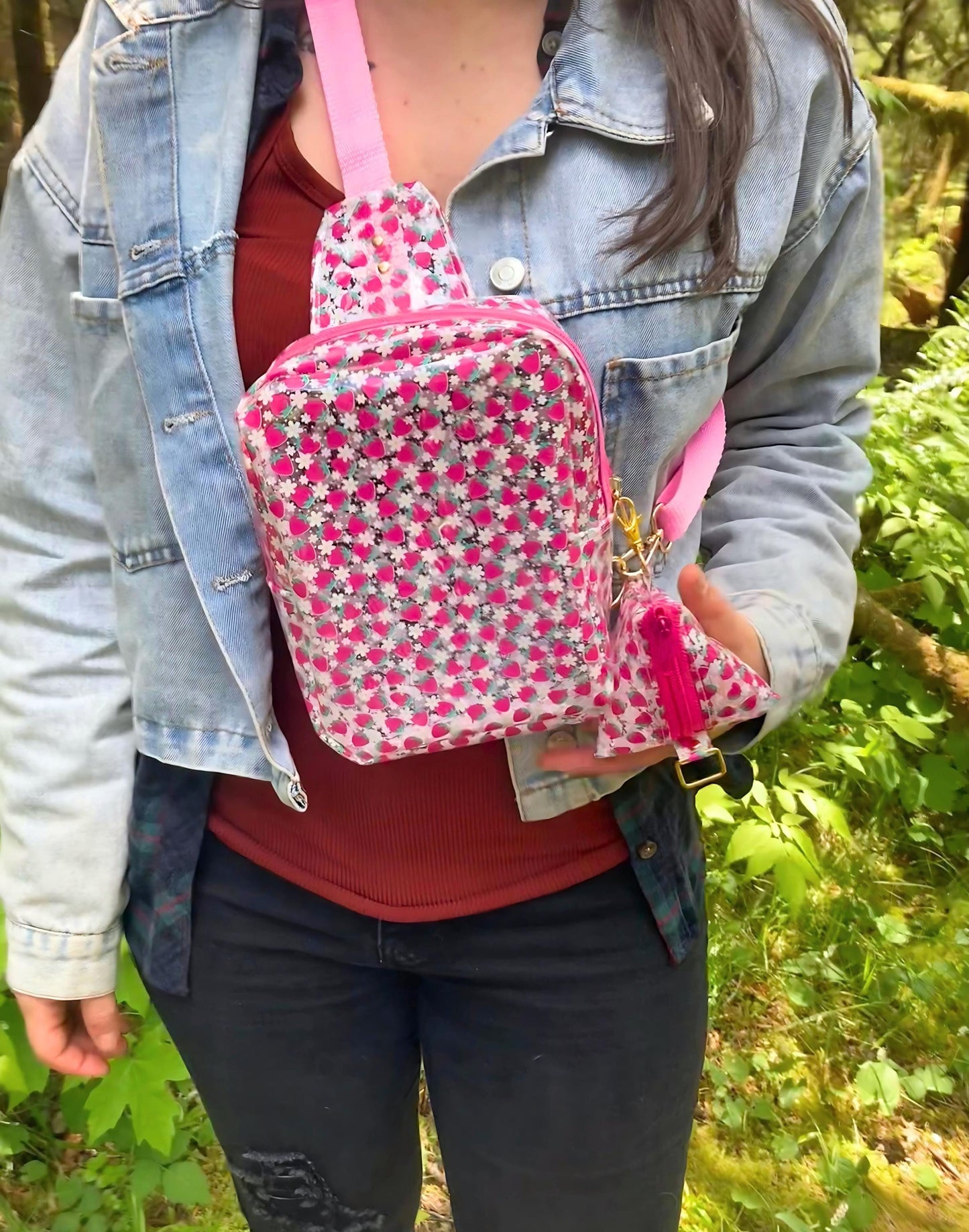 Transparent Berry Sling Backpack | Clear Adjustable Strap Bag Purse & Coin Pouch | Back to School Festival Rave Park Arena Concert Sports