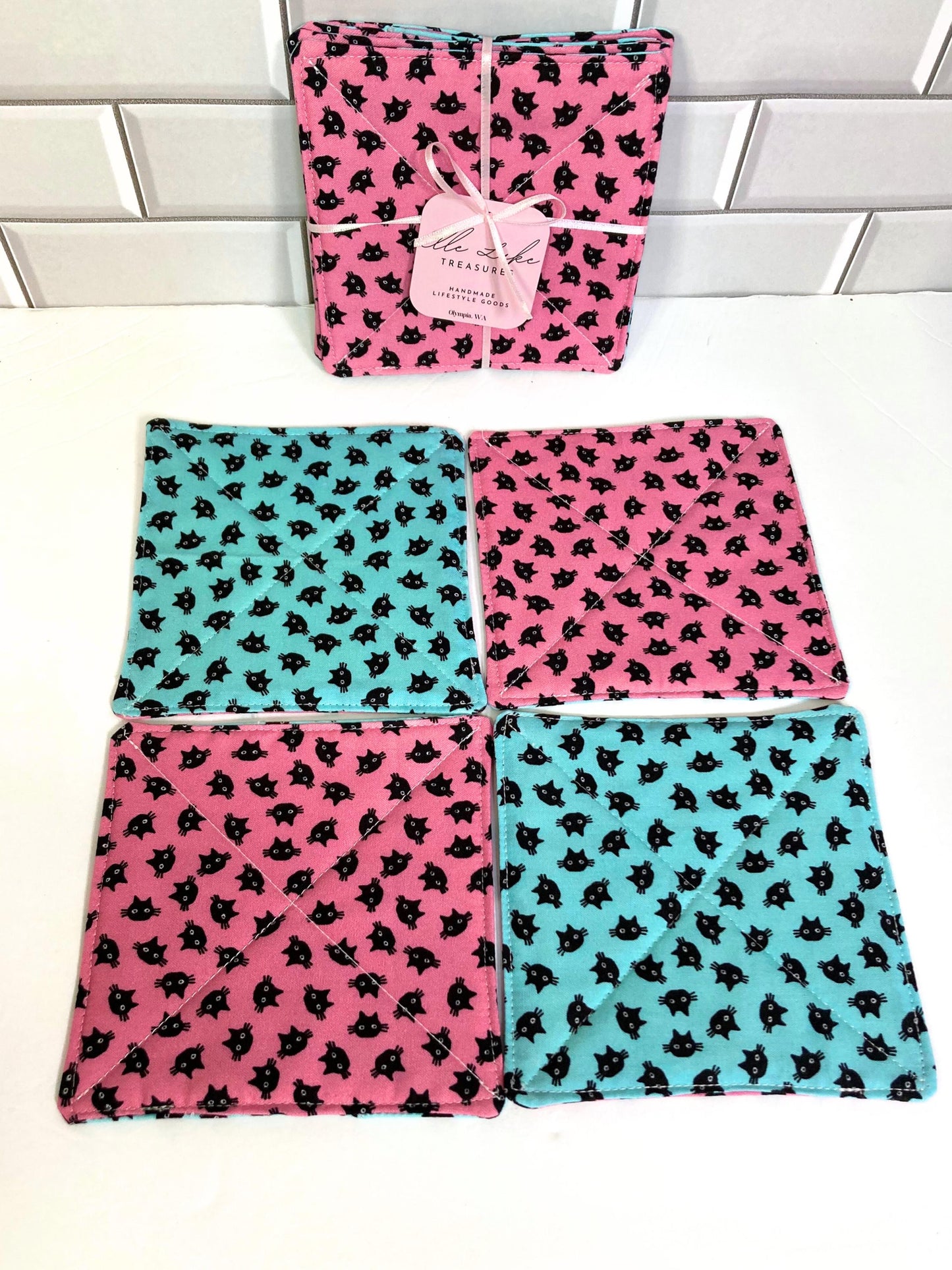 Kitty Cat Fabric Coasters | Set of 4 | Cutesy Sustainable Cotton Home Decor | Tea Coffee Gift Doublesided