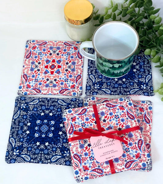 Americana Fabric Coasters | Set of 4 | Cutesy Sustainable Cotton Home Decor | Tea Coffee Gift Doublesided