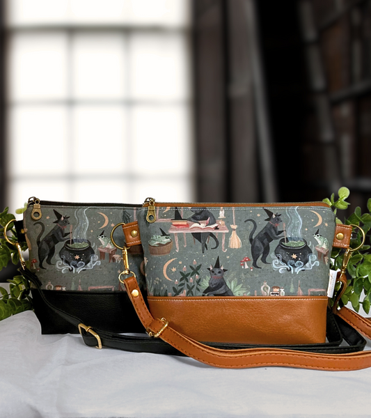 Witchy Cat and Toad Familiar Crossbody Purse | Brown Black Vegan Faux Leather