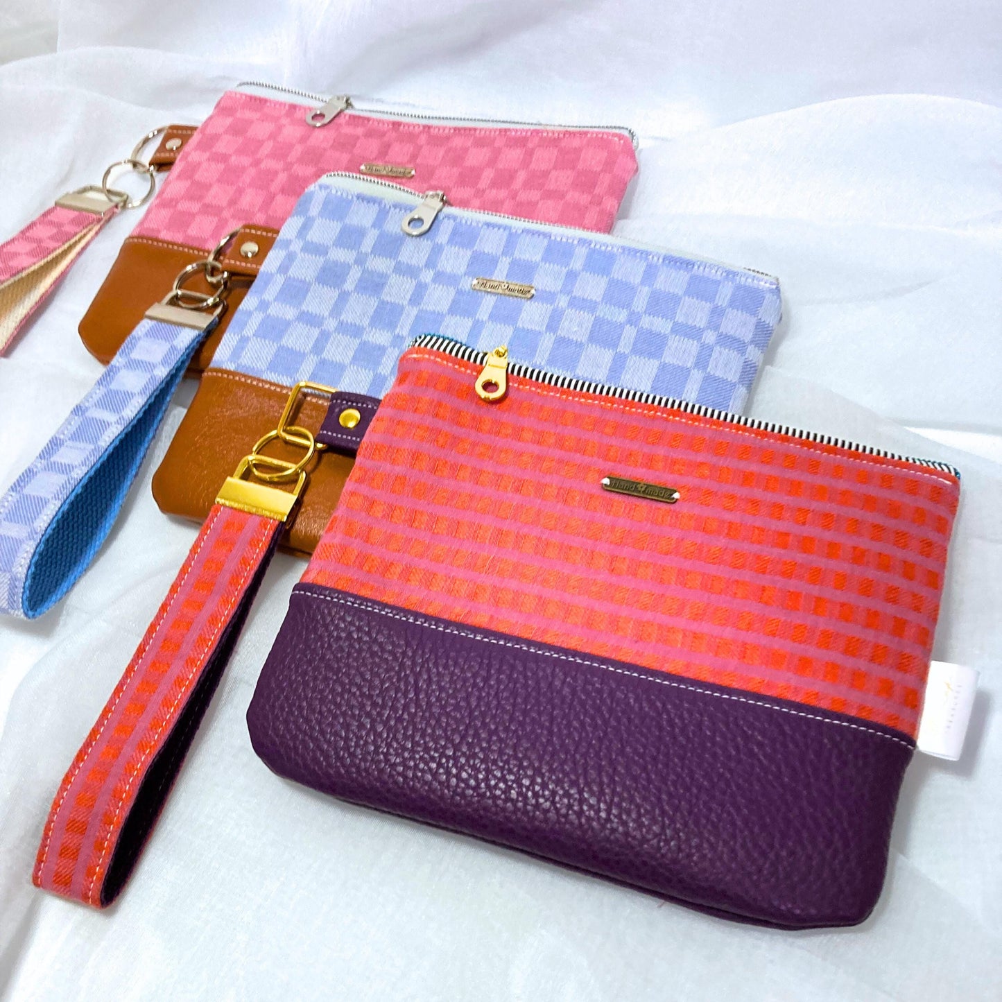 Woven Jacquard Cotton Wristlet Purse | Textured Textile | Pink Camel Vegan Leather Vinyl Wristlet | Grab n Go Clutch Bag