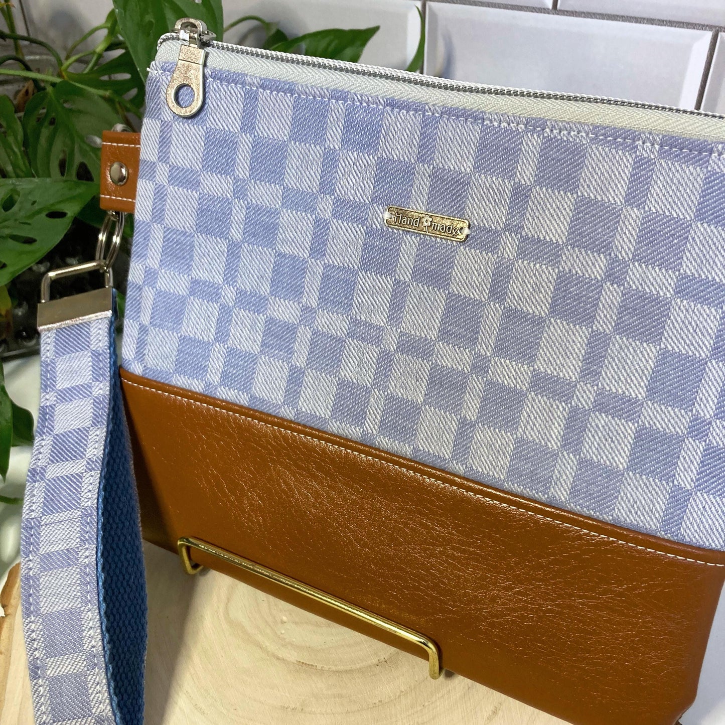Woven Jacquard Cotton Wristlet Purse | Textured Textile | Blue Camel Vegan Leather Vinyl Wristlet | Grab n Go Clutch Bag