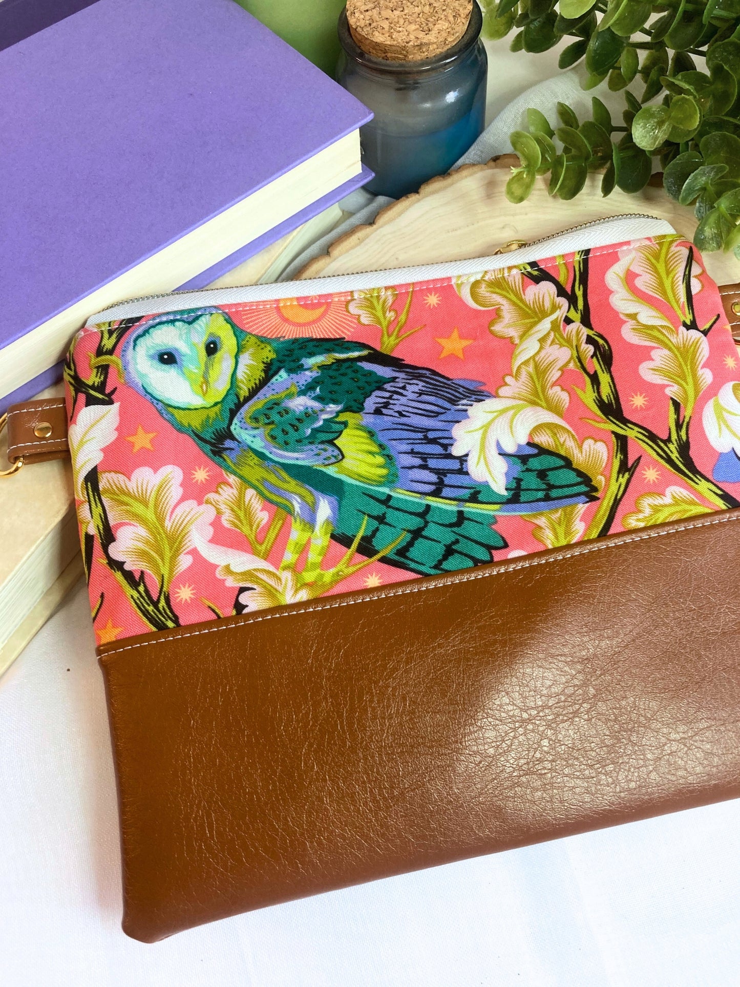 Tula Pink Barn Owl Crossbody Purse | Brown Vegan Faux Leather
