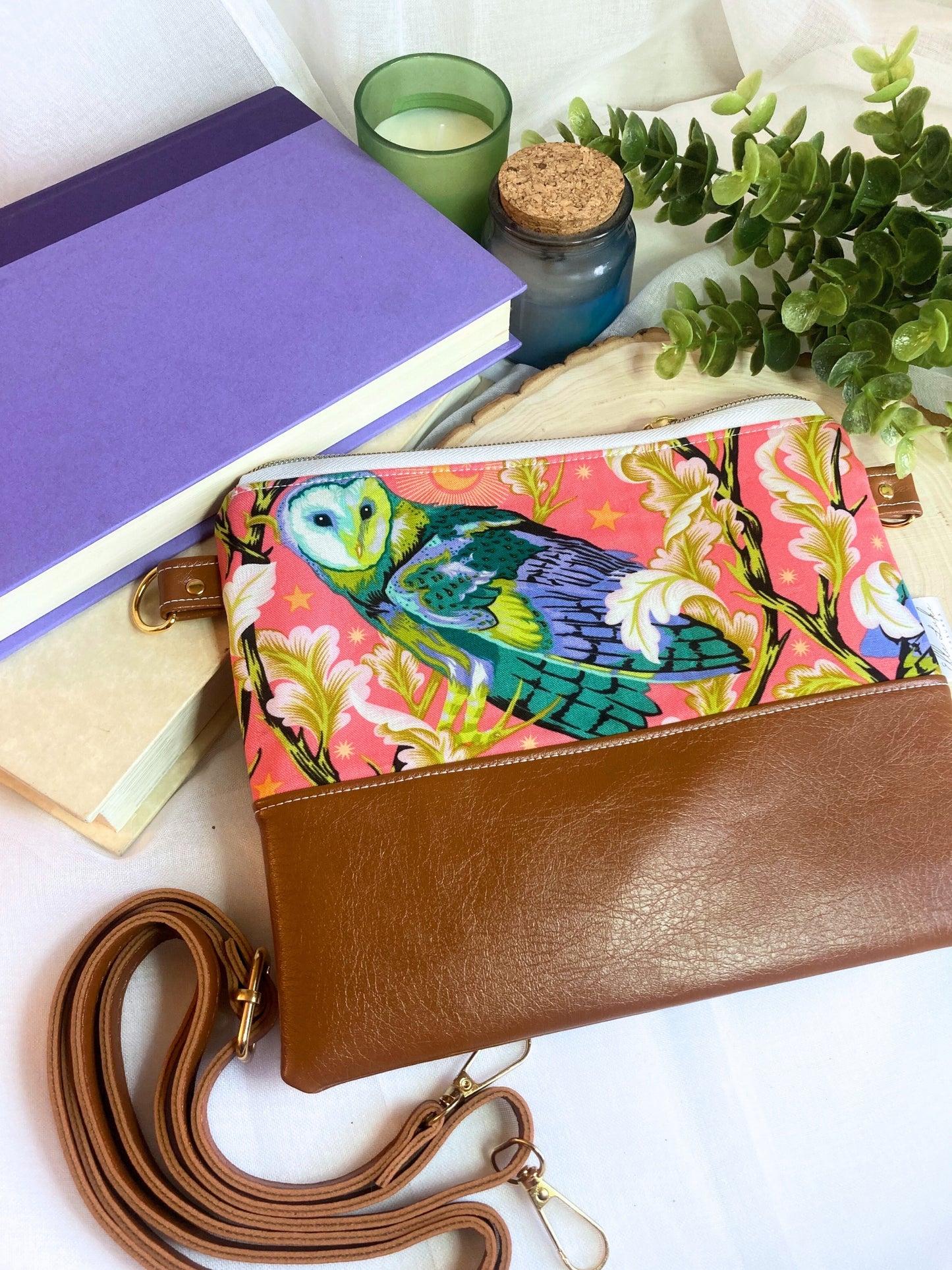 Tula Pink Barn Owl Crossbody Purse | Brown Vegan Faux Leather