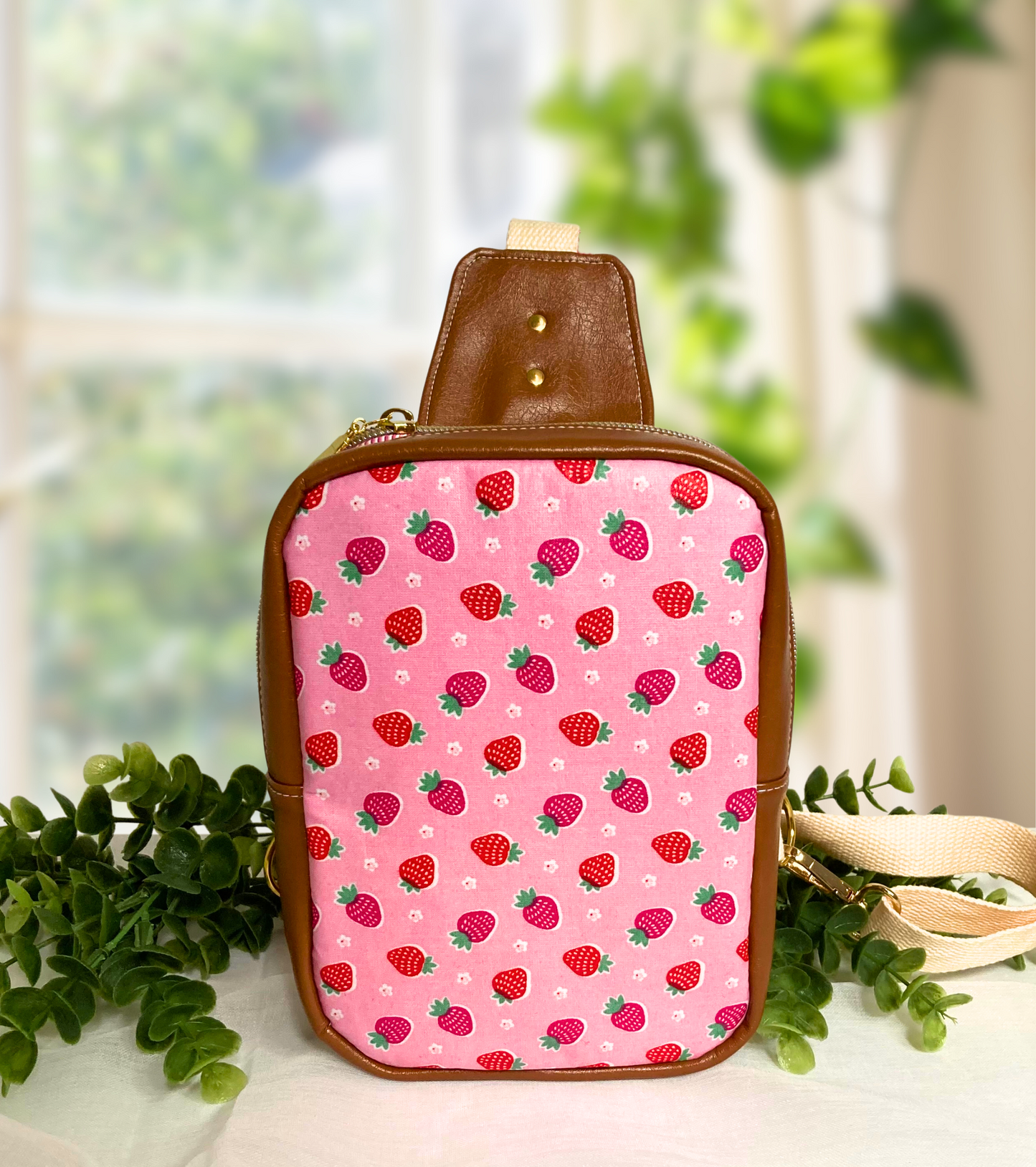 Pink Strawberry Mini Sling Backpack: Crossbody Bag