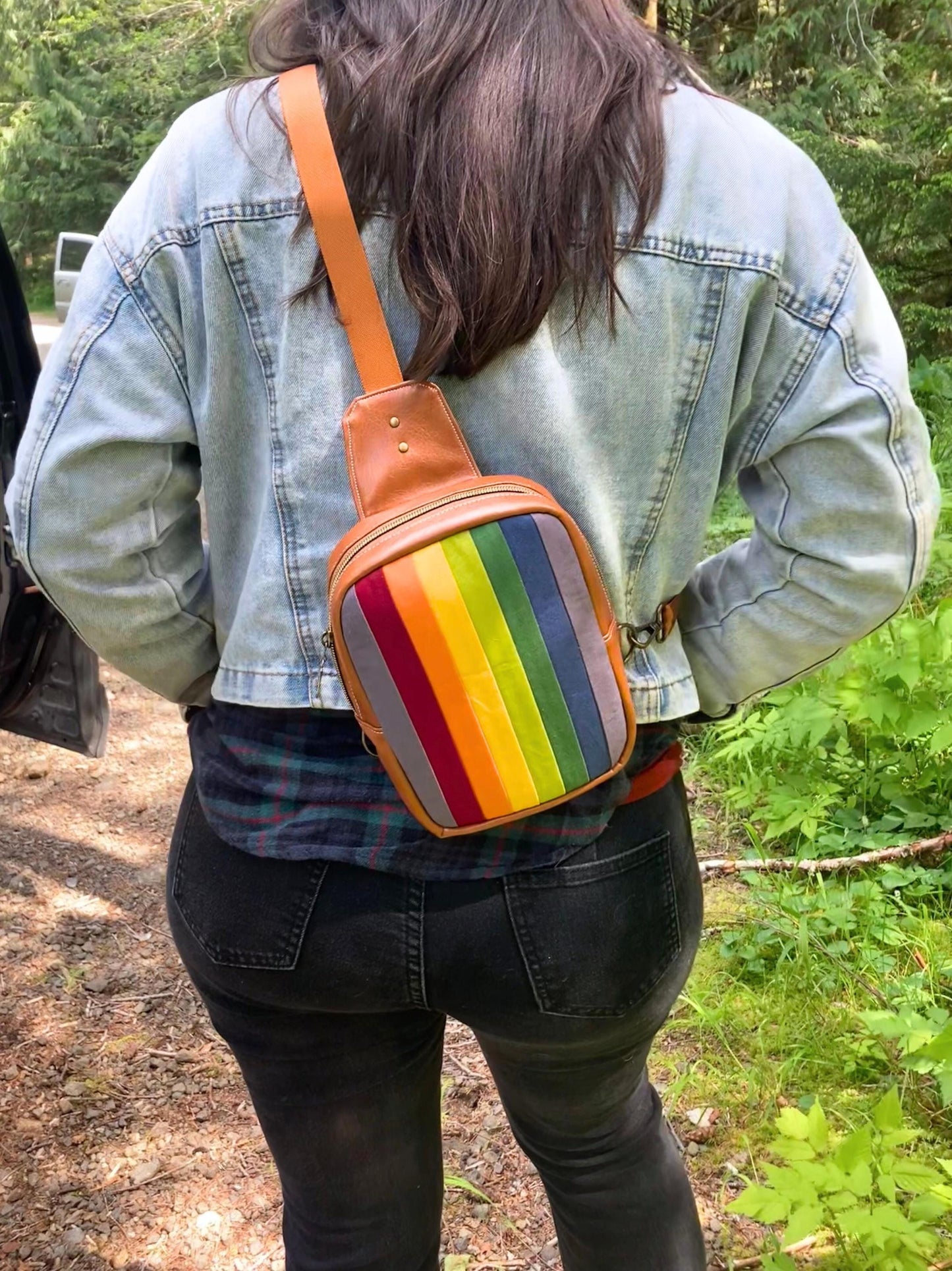 Retro Rainbow Sling Backpack | Camel Brown Faux Leather | Adjustable Strap Bag Purse