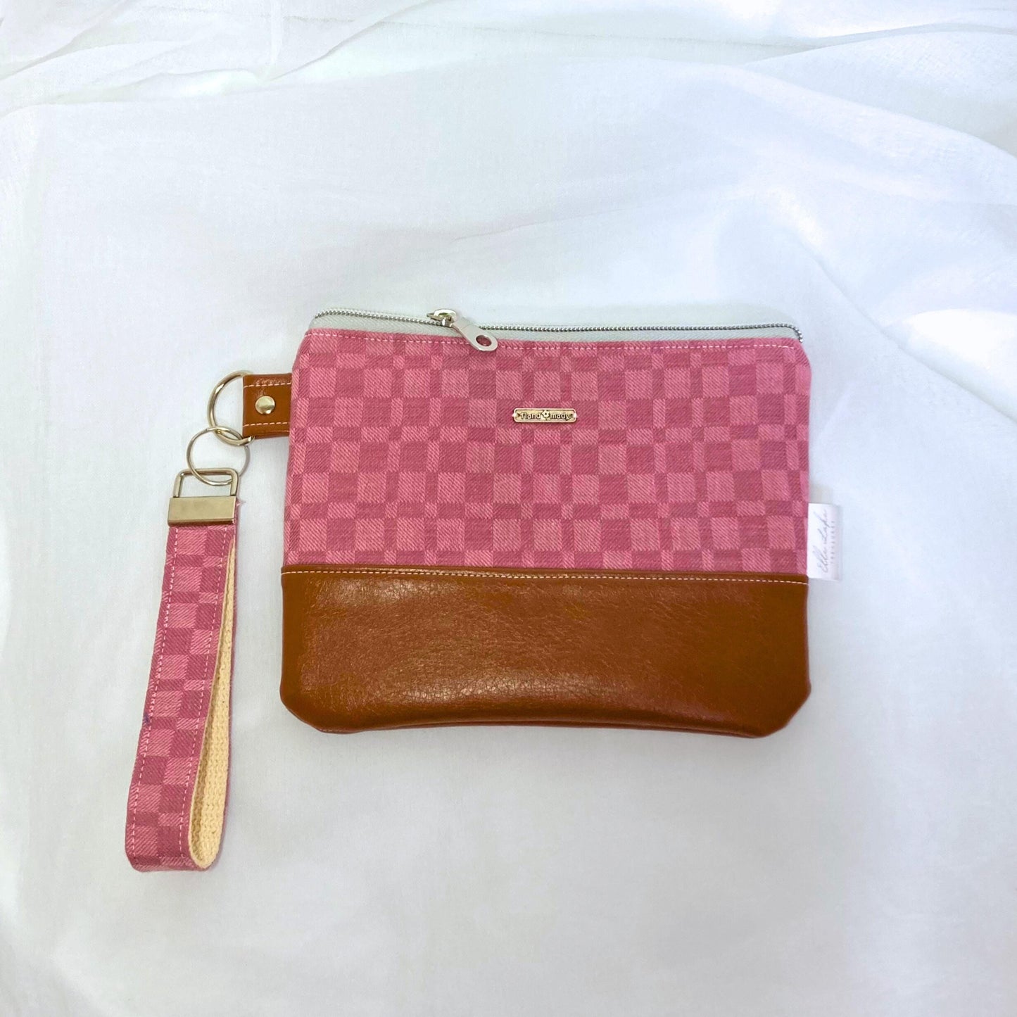 Woven Jacquard Cotton Wristlet Purse | Textured Textile | Pink Camel Vegan Leather Vinyl Wristlet | Grab n Go Clutch Bag