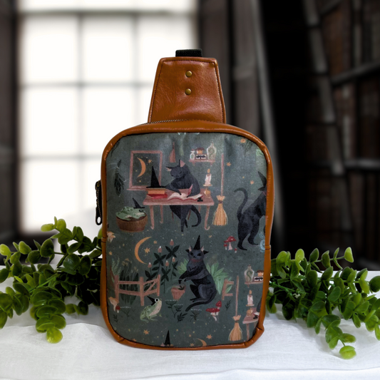 Witchy Cat Familiar Sling Crossbody Backpack | Camel Brown Faux Leather | Adjustable Strap Bag Purse