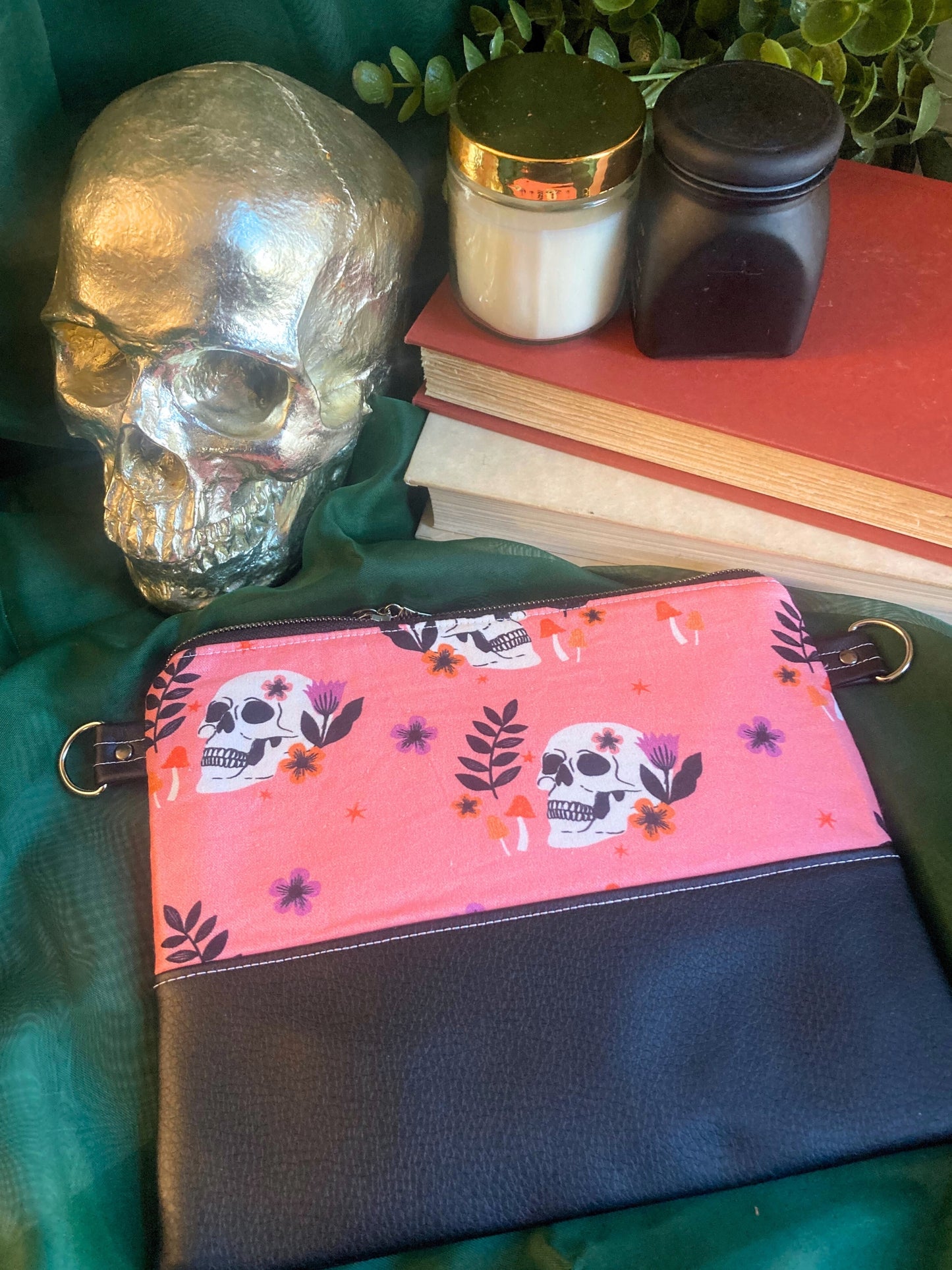 Pink Skulls and Mushrooms Crossbody Purse | Black Vegan Faux Leather