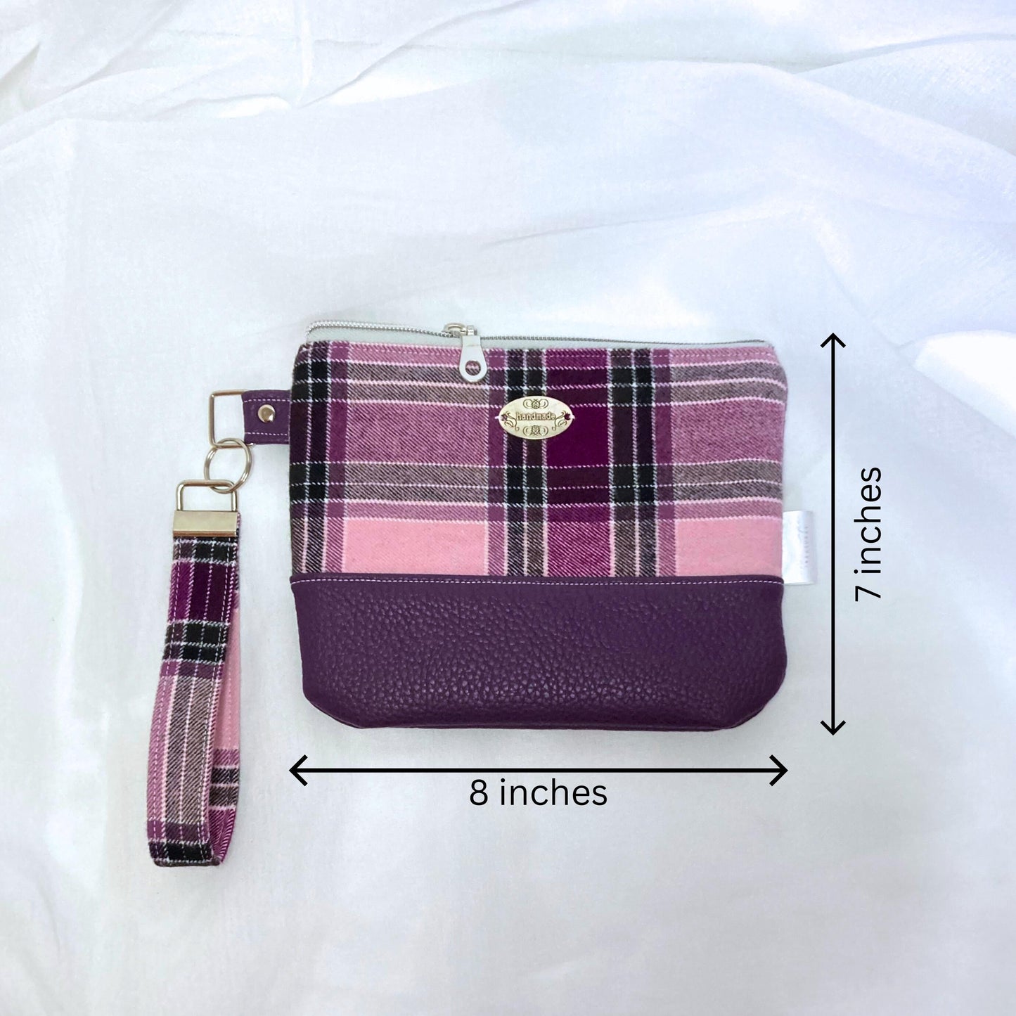 Plaid Wool Wristlet Purse | Tweed Woven | Purple Vegan Leather Vinyl Wristlet | Grab n Go Clutch Bag