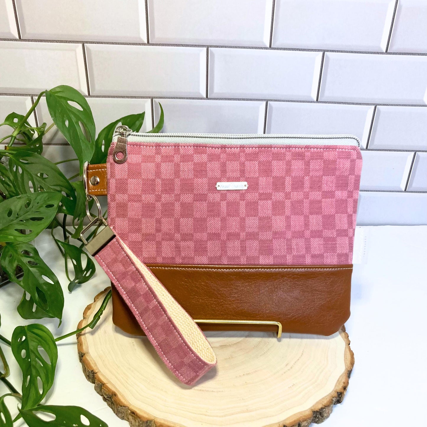 Woven Jacquard Cotton Wristlet Purse | Textured Textile | Pink Camel Vegan Leather Vinyl Wristlet | Grab n Go Clutch Bag