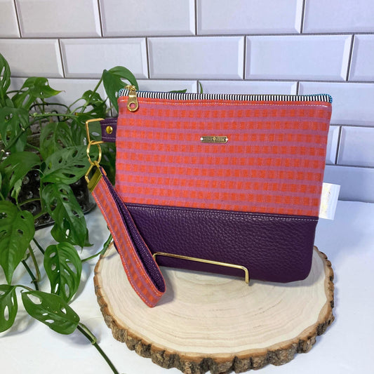 Woven Jacquard Cotton Wristlet Purse | Textured Textile | Blood Orange and Purple Vegan Leather Vinyl Wristlet | Grab n Go Clutch Bag