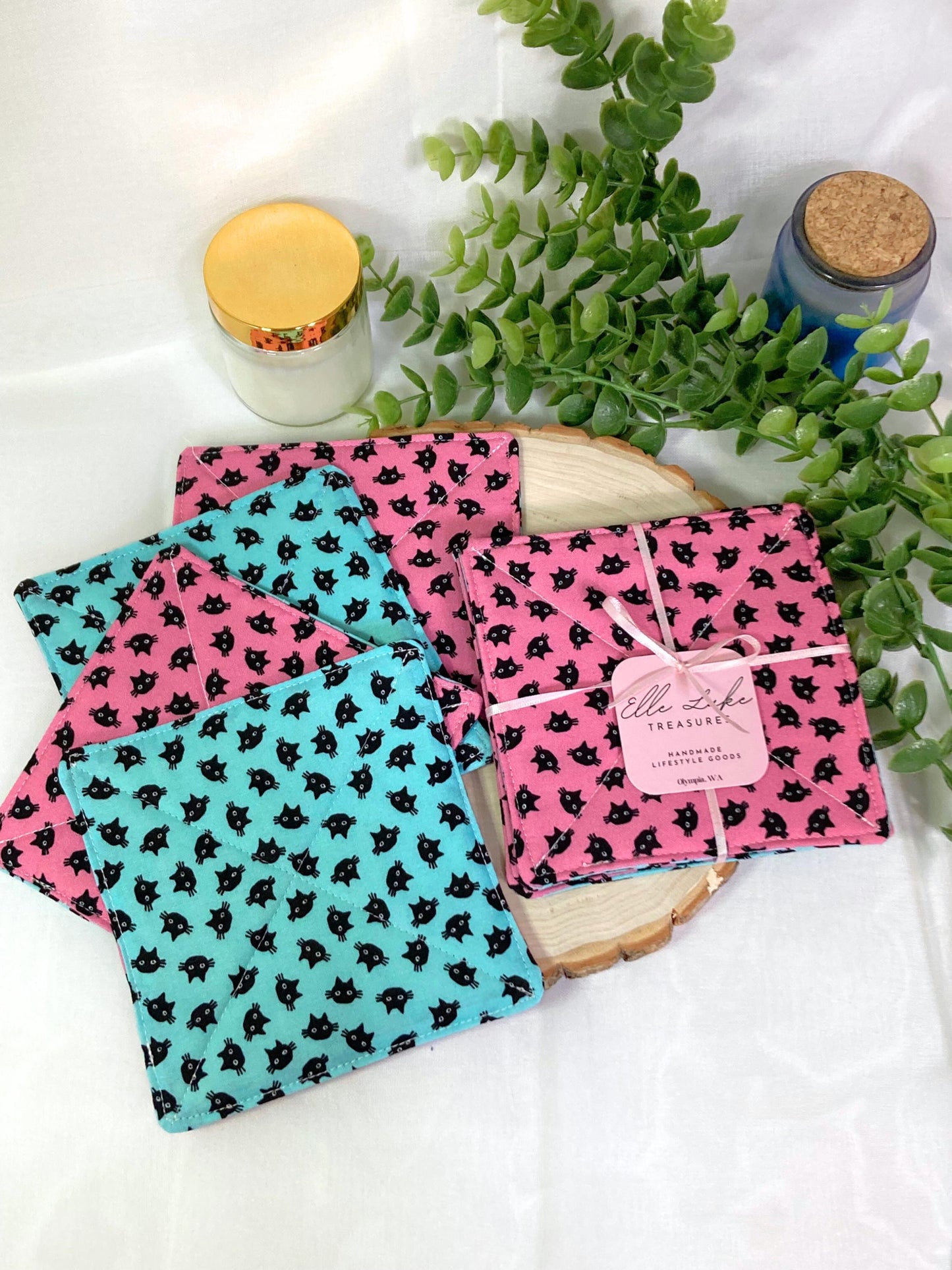Kitty Cat Fabric Coasters | Set of 4 | Cutesy Sustainable Cotton Home Decor | Tea Coffee Gift Doublesided