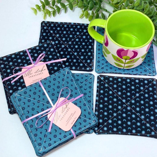 Celestial Fabric Coasters | Set of 4 | Whimsical Sustainable Cotton Home Decor | Tea Coffee Gift