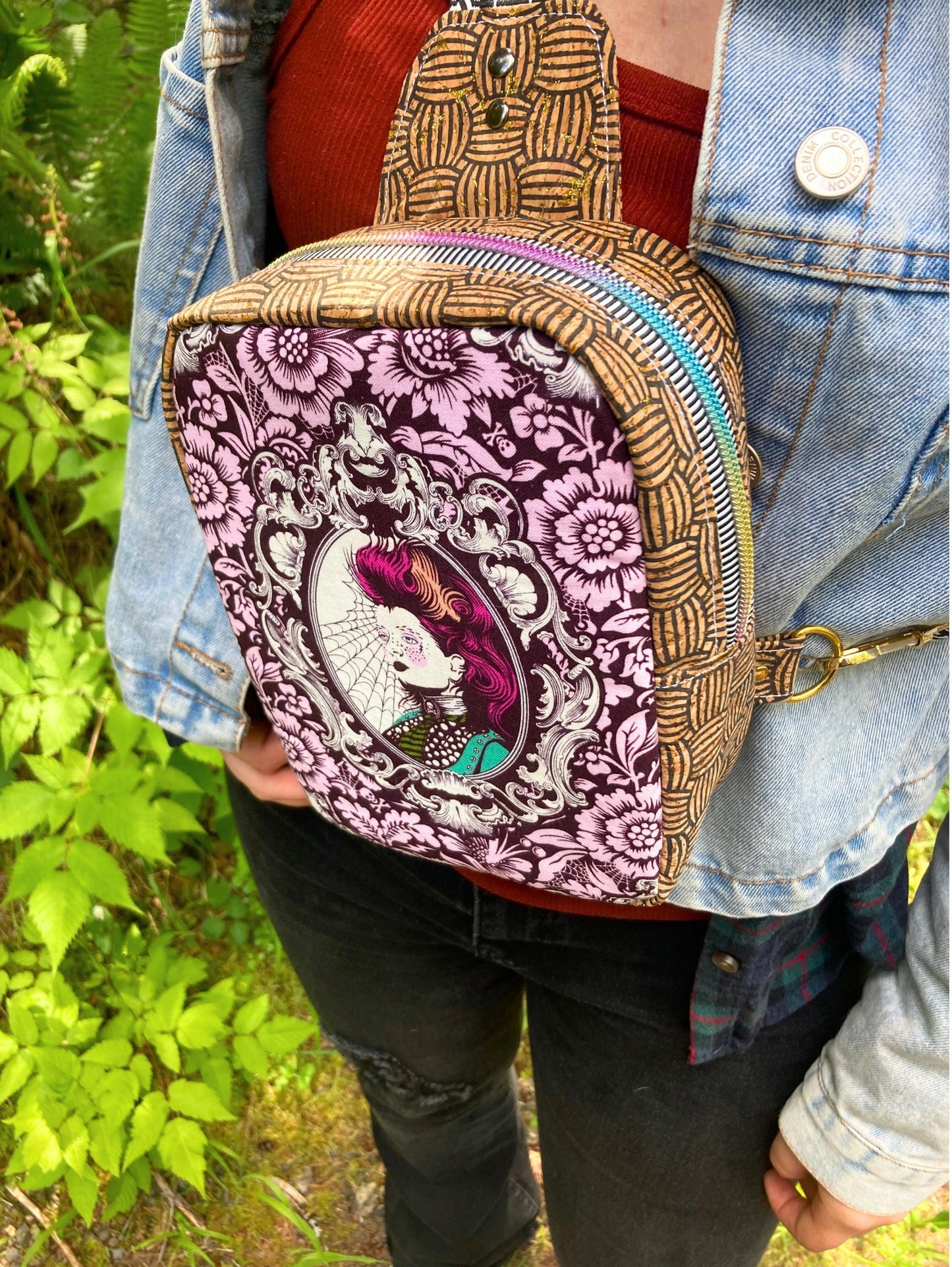 Mini Sling Backpack | Tula Pink Nightshade | Adjustable Strap Bag Purse | Back to School Festival Rave Theme Park Travel | Witchy Punk Goth