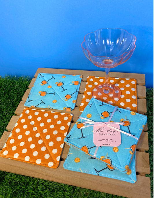 Orange Mimosa Cocktail Fabric Coasters | Set of 4 | Whimsical Sustainable Cotton Home Decor | Tea Coffee Gift