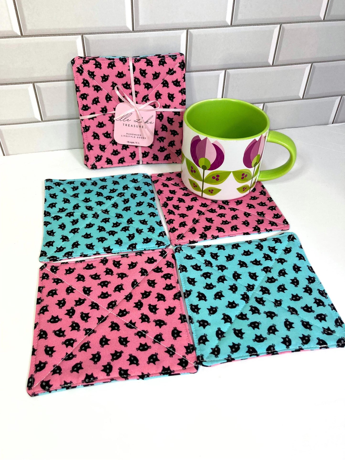 Kitty Cat Fabric Coasters | Set of 4 | Cutesy Sustainable Cotton Home Decor | Tea Coffee Gift Doublesided