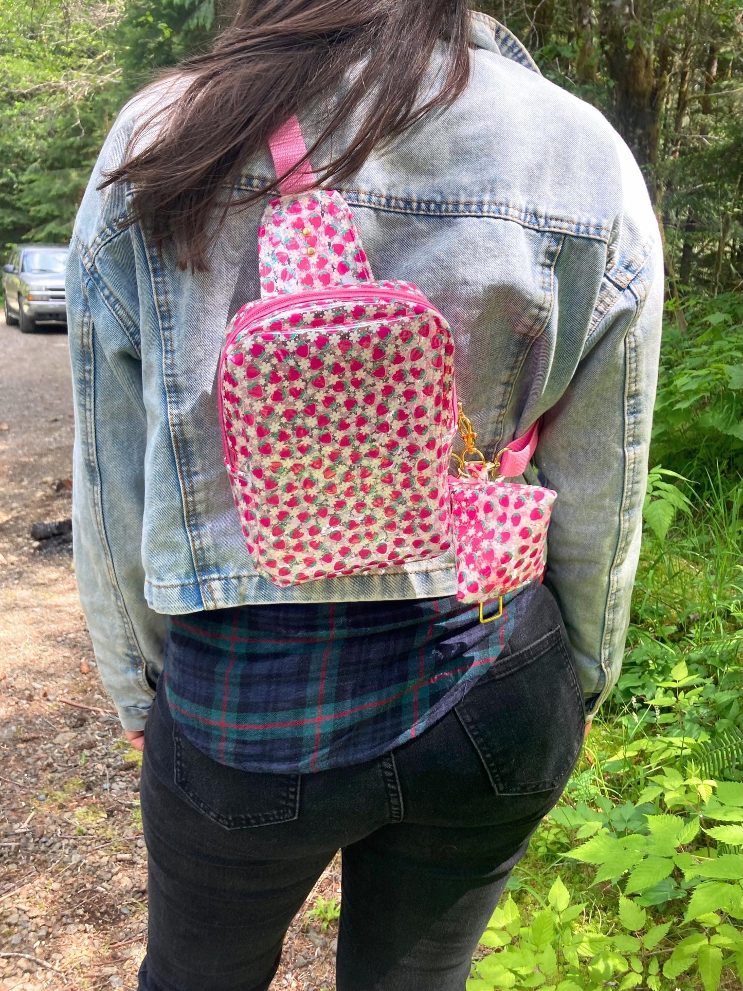 Transparent Berry Sling Backpack | Clear Adjustable Strap Bag Purse & Coin Pouch | Back to School Festival Rave Park Arena Concert Sports
