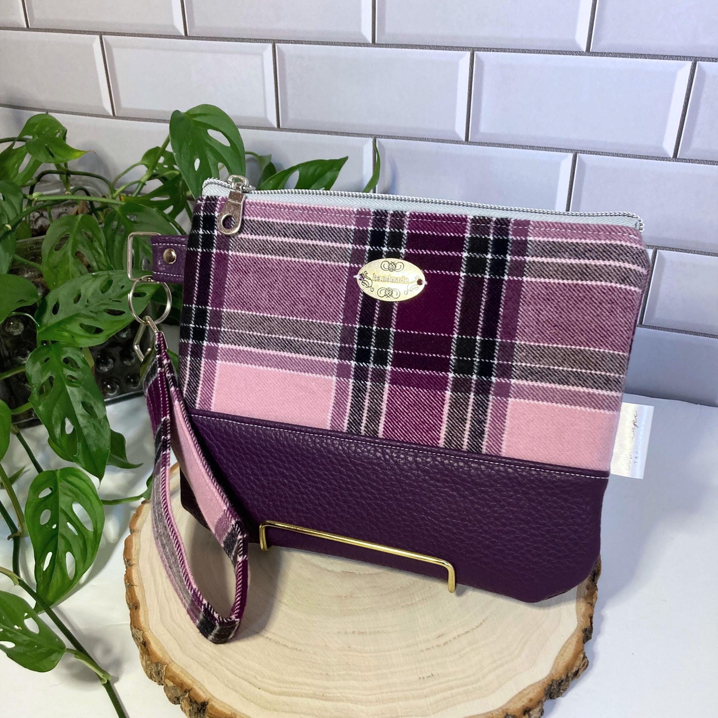 Plaid Wool Wristlet Purse | Tweed Woven | Purple Vegan Leather Vinyl Wristlet | Grab n Go Clutch Bag