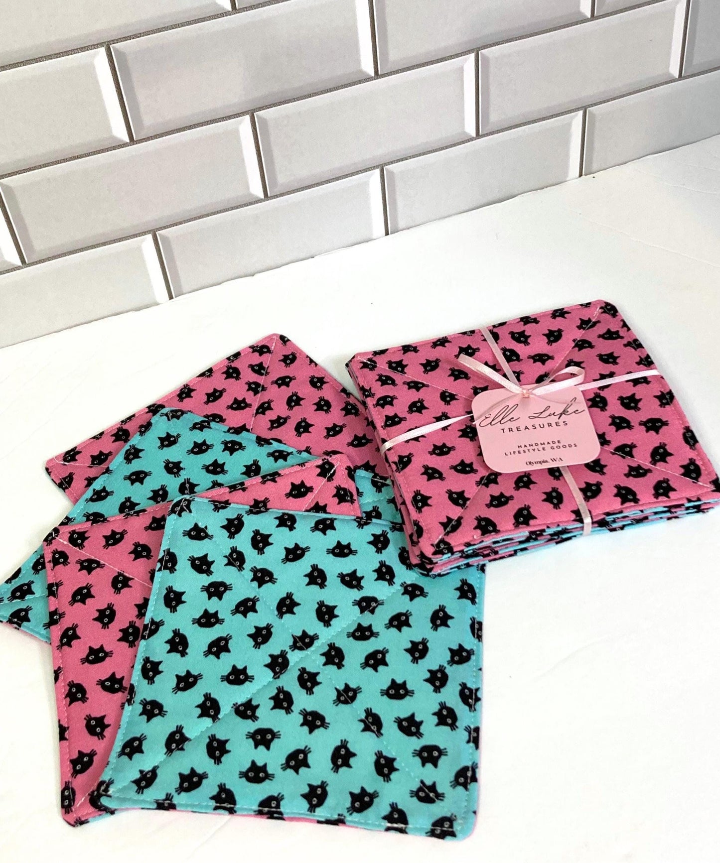 Kitty Cat Fabric Coasters | Set of 4 | Cutesy Sustainable Cotton Home Decor | Tea Coffee Gift Doublesided