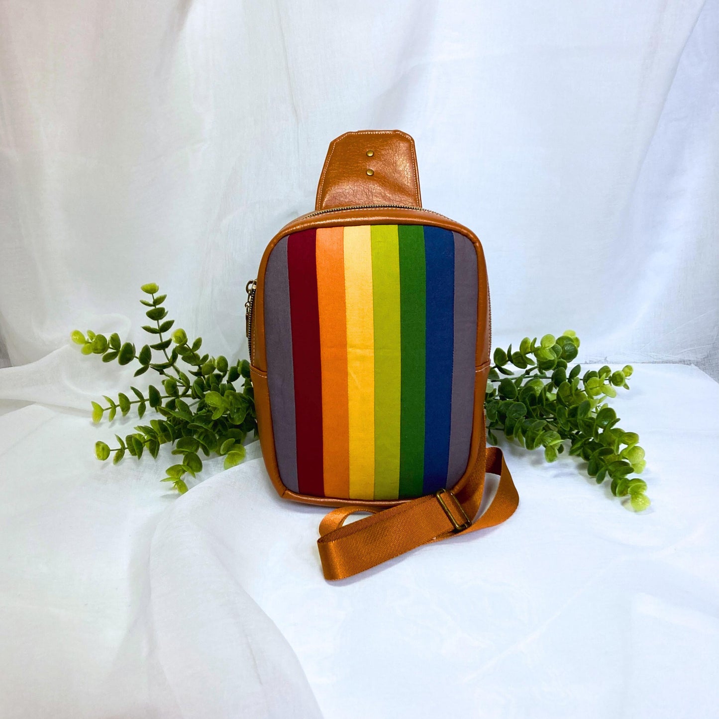 Retro Rainbow Sling Backpack | Camel Brown Faux Leather | Adjustable Strap Bag Purse