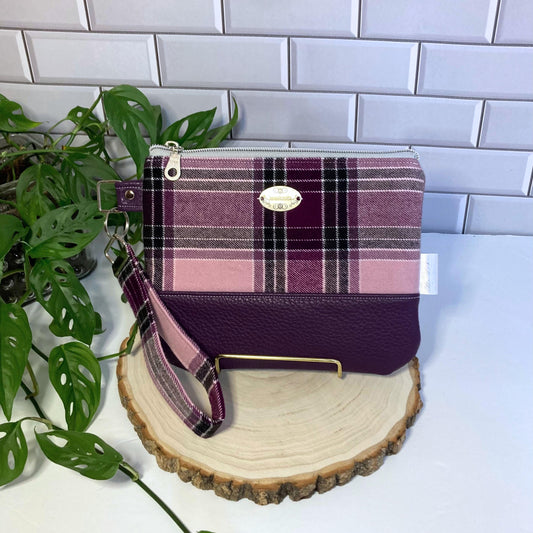 Plaid Wool Wristlet Purse | Tweed Woven | Purple Vegan Leather Vinyl Wristlet | Grab n Go Clutch Bag