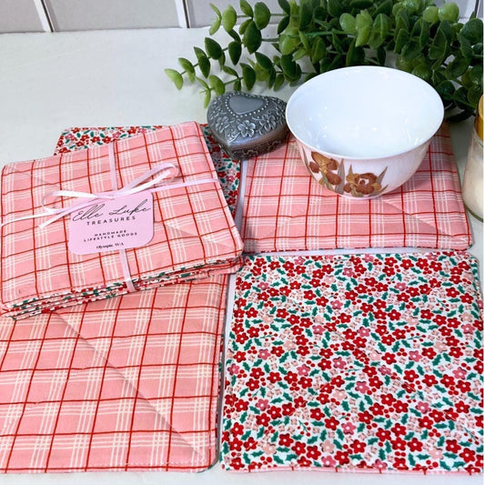 Poppy Cotton Fabric Coasters | Set of 4 | Cutesy Sustainable Cotton Home Decor | Tea Coffee Gift Doublesided