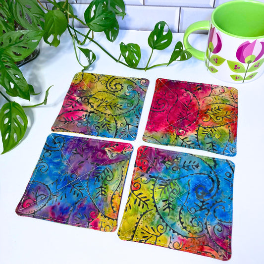 Batik Rainbow Fabric Drink Coasters | Set of 4 | Sustainable Cotton Home Decor | Tea Coffee Gift Wood Protector