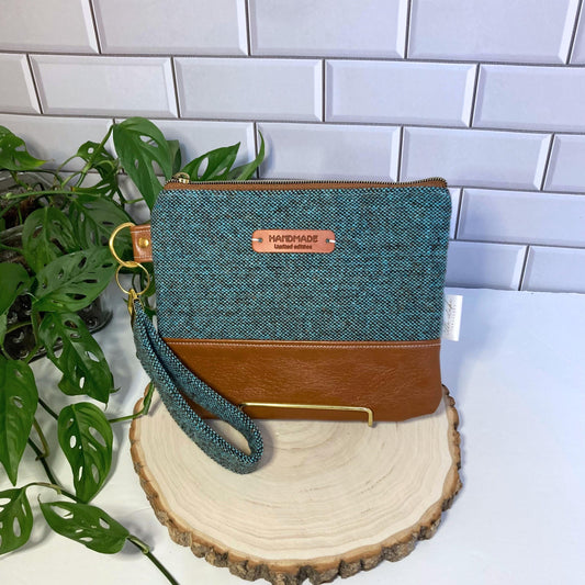 Tweed Wool Wristlet Purse | Tweed Woven | Blue Camel Brown Vegan Leather Vinyl Wristlet | Grab n Go Clutch Bag